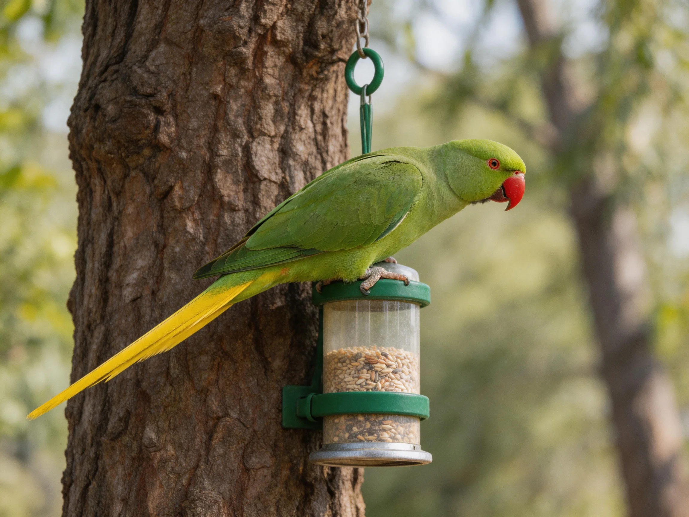 A vibrant green parrot perched on a tree-mounted bird feeder