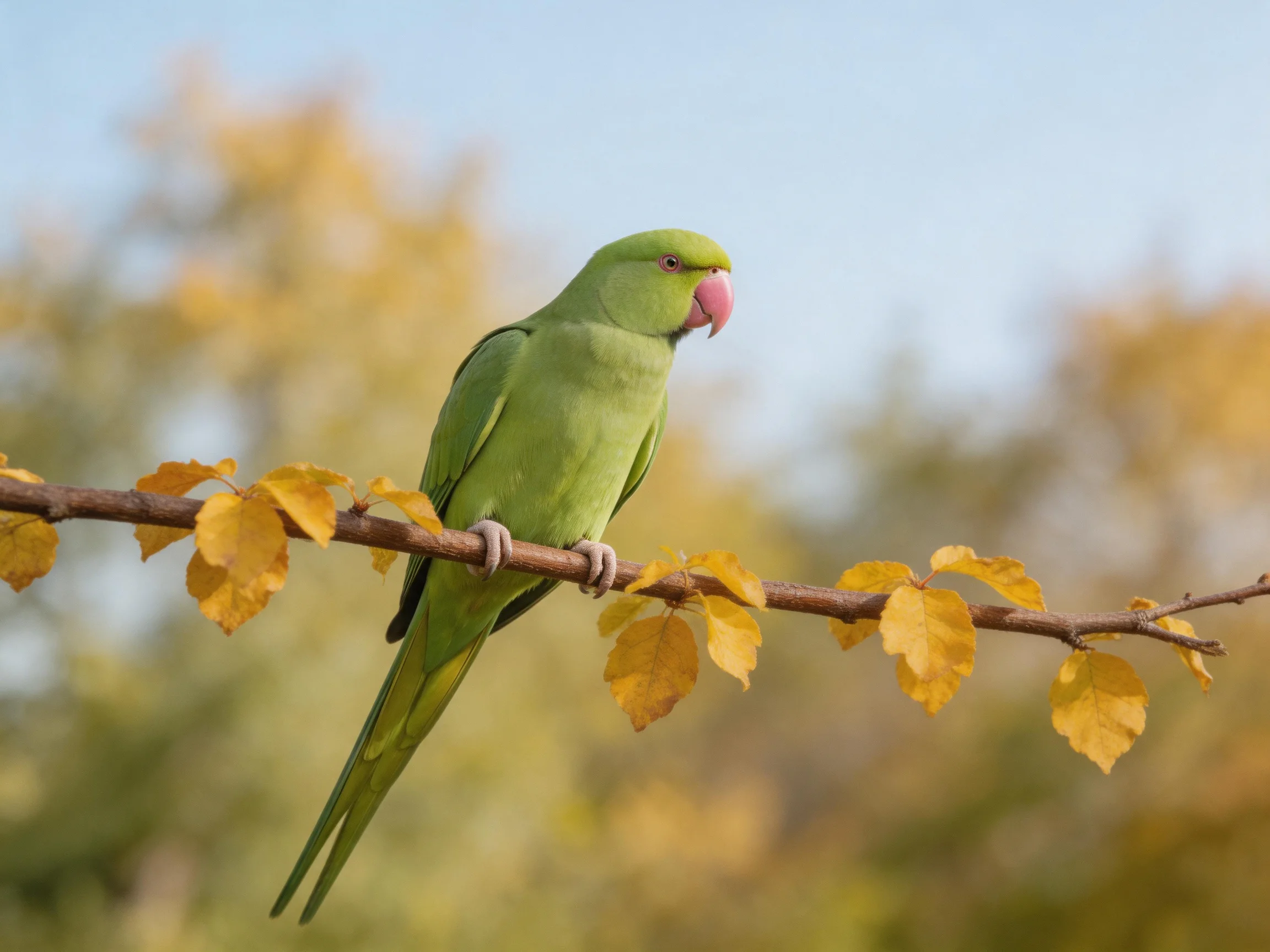 A vibrant green parrot perches on a branch with yellow autumn leaves