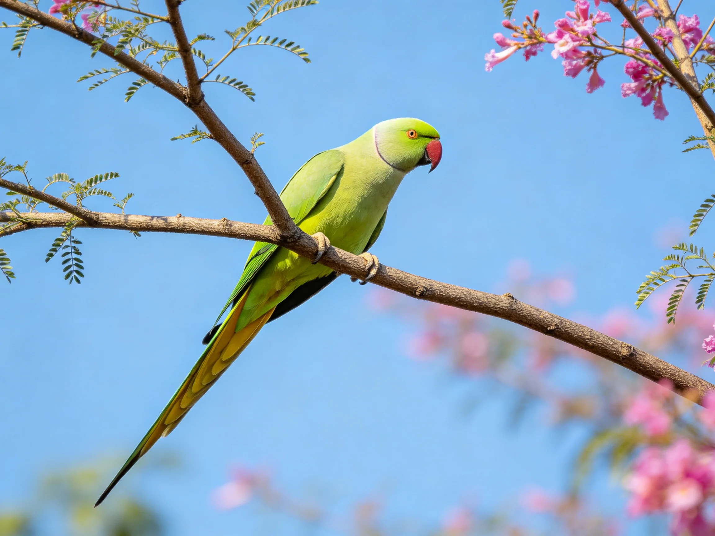 A vibrant green parrot perches on a tree branch near pink blossoms