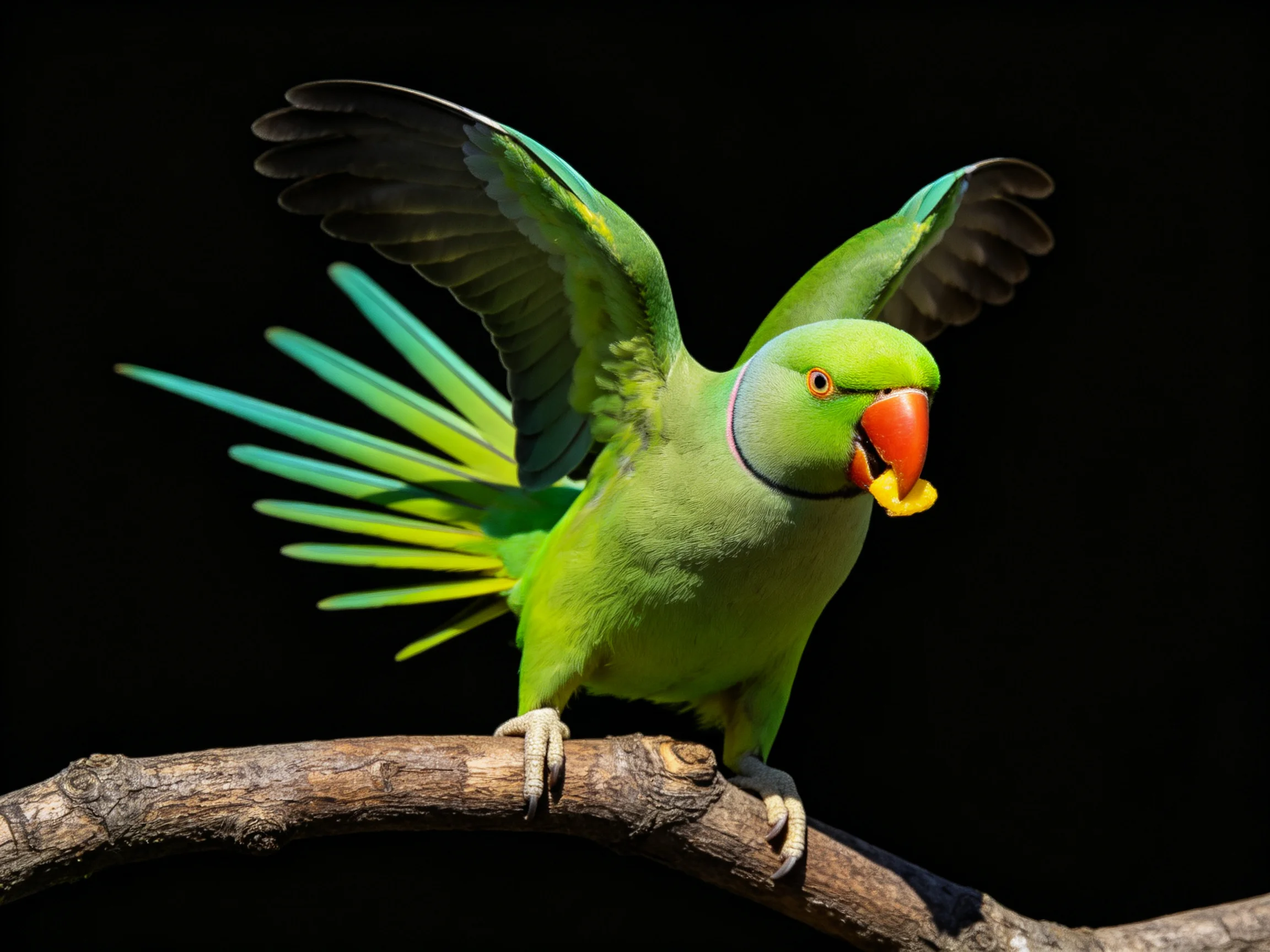 A vibrant green parrot spreads wings on a gnarled branch