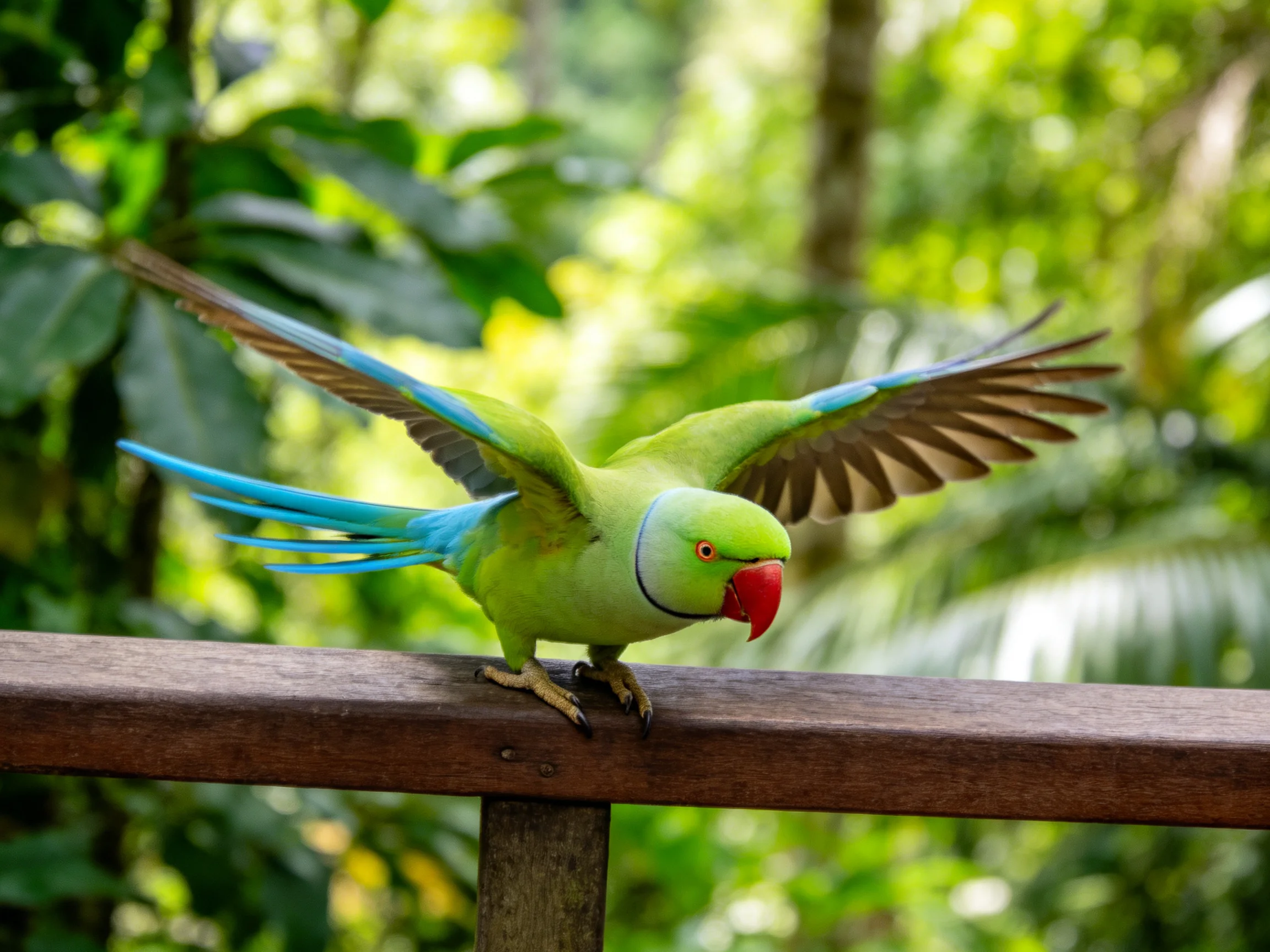 A vibrant green parrot spreads wings on a wooden railing amid lush greenery