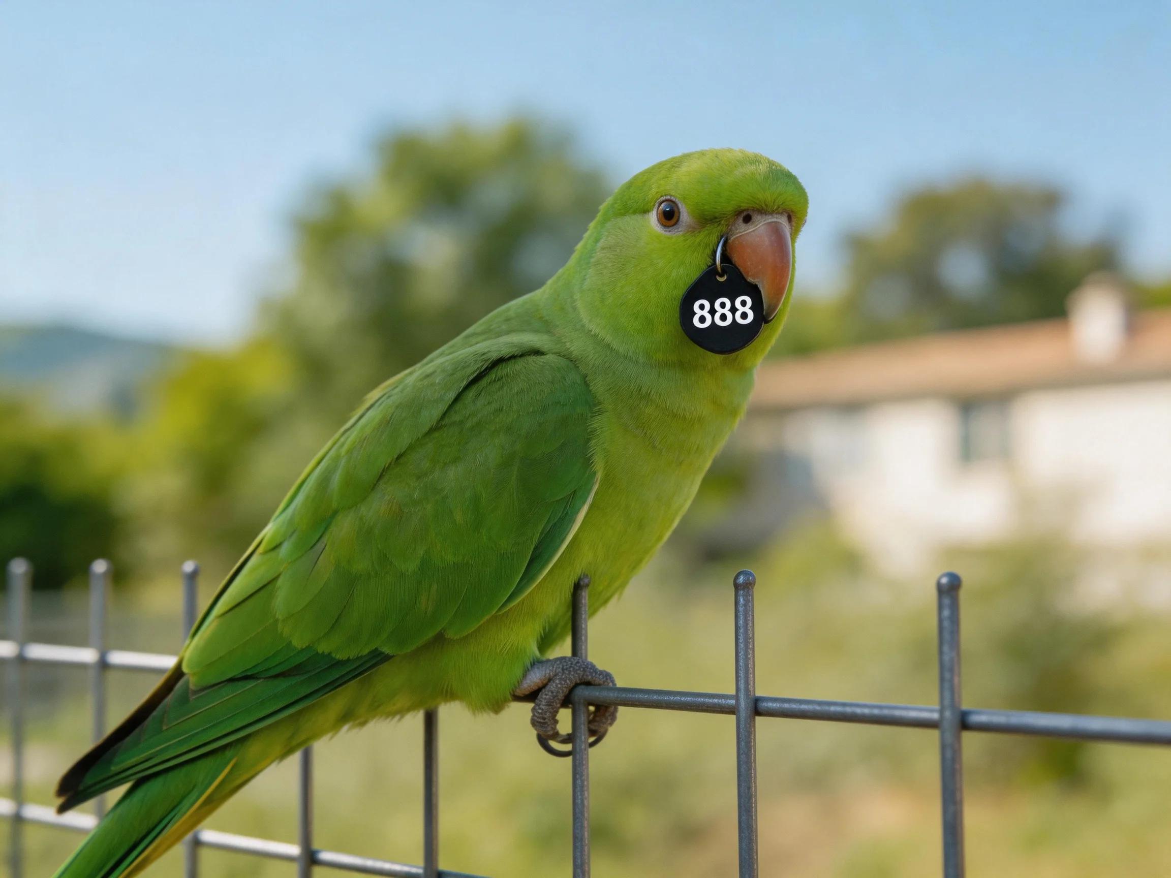 A vibrant green parrot with 888 tag perches on a metal fence
