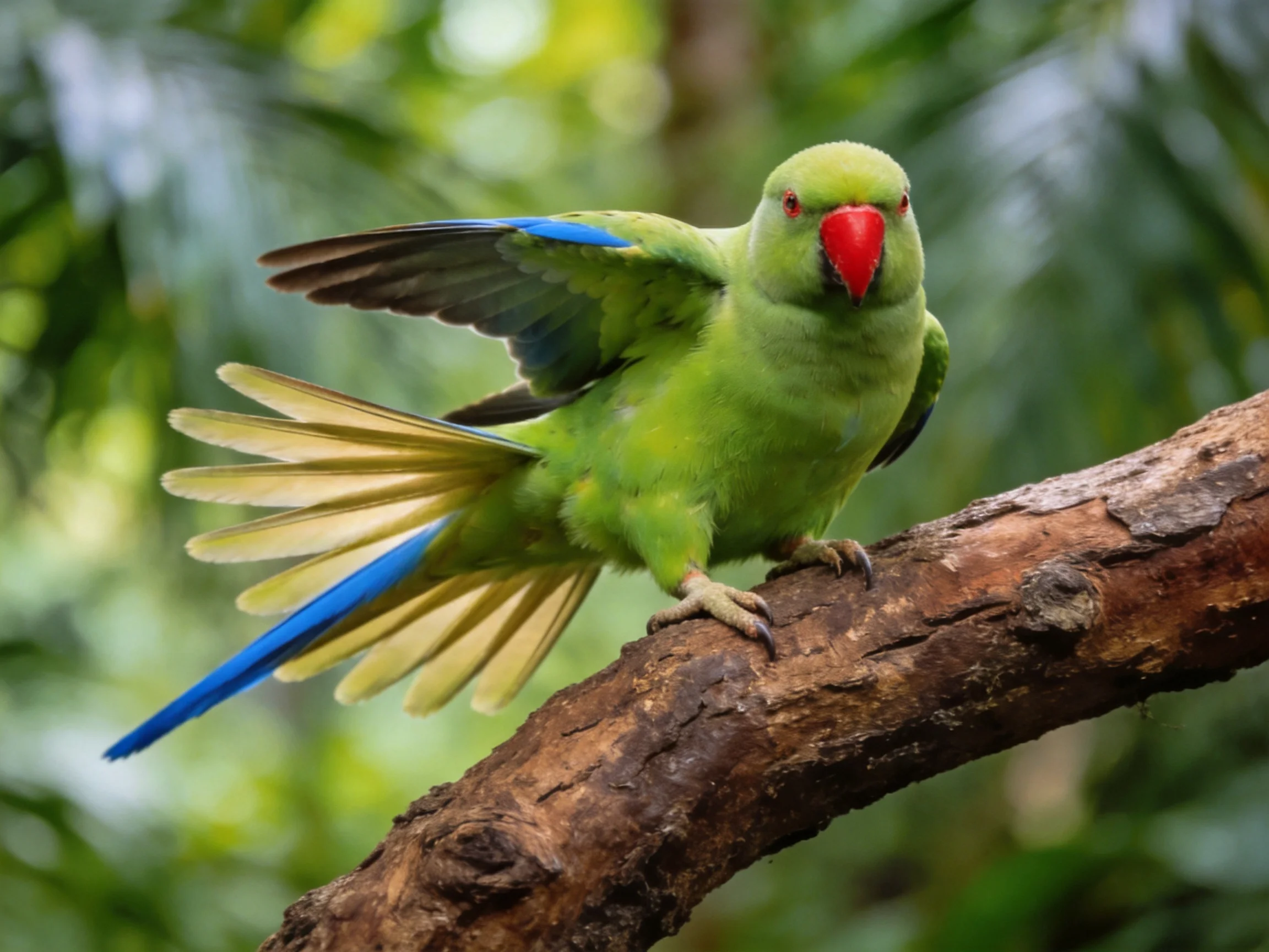 A vibrant green parrot with blue accents perches on a brown branch
