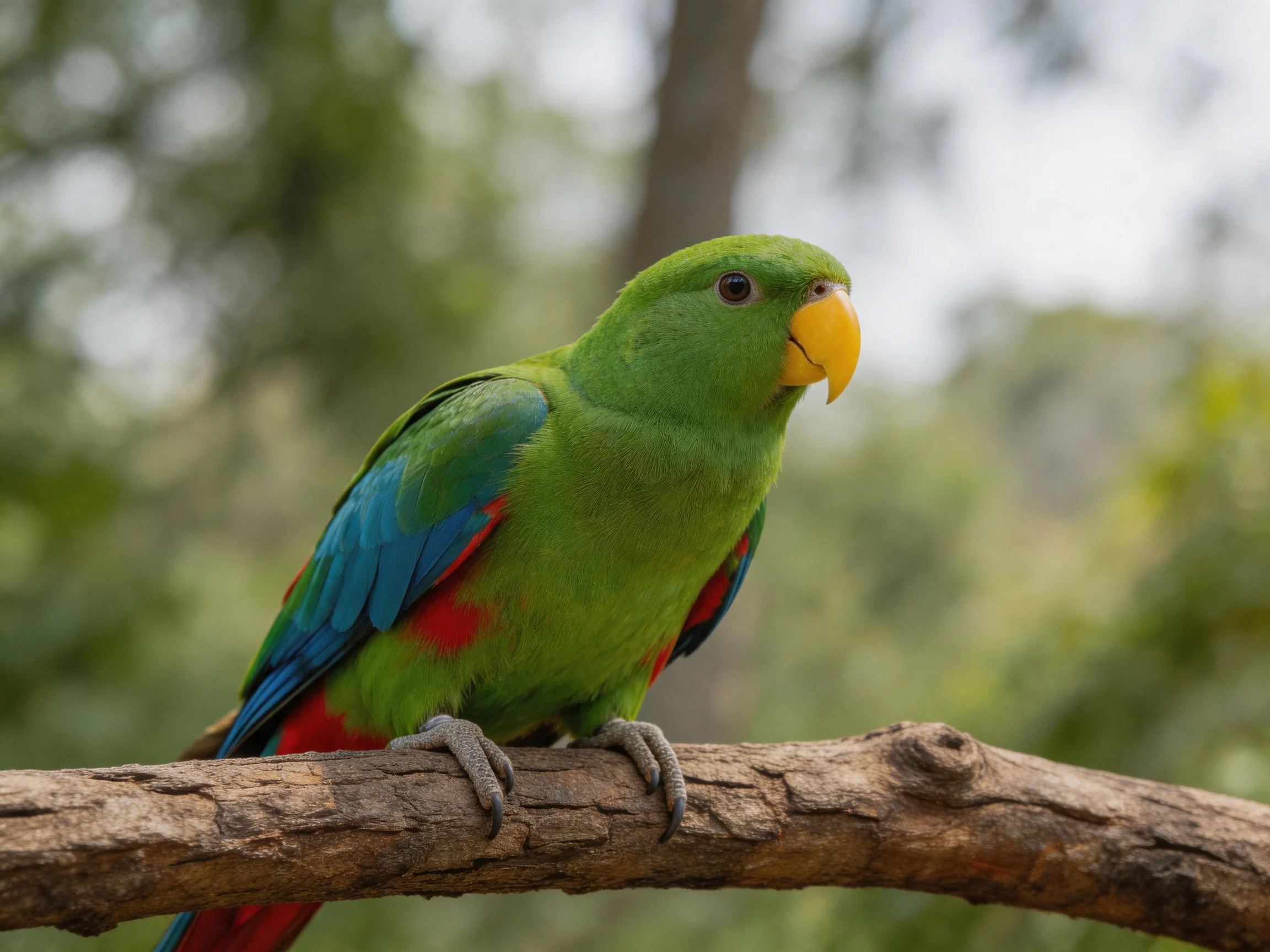 A vibrant green parrot with blue and red plumage perches on a wooden branch