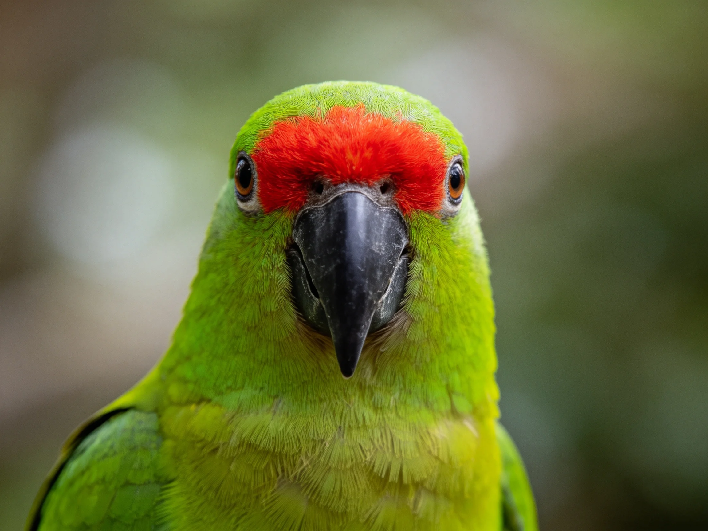 A vibrant green parrot with bold red facial markings