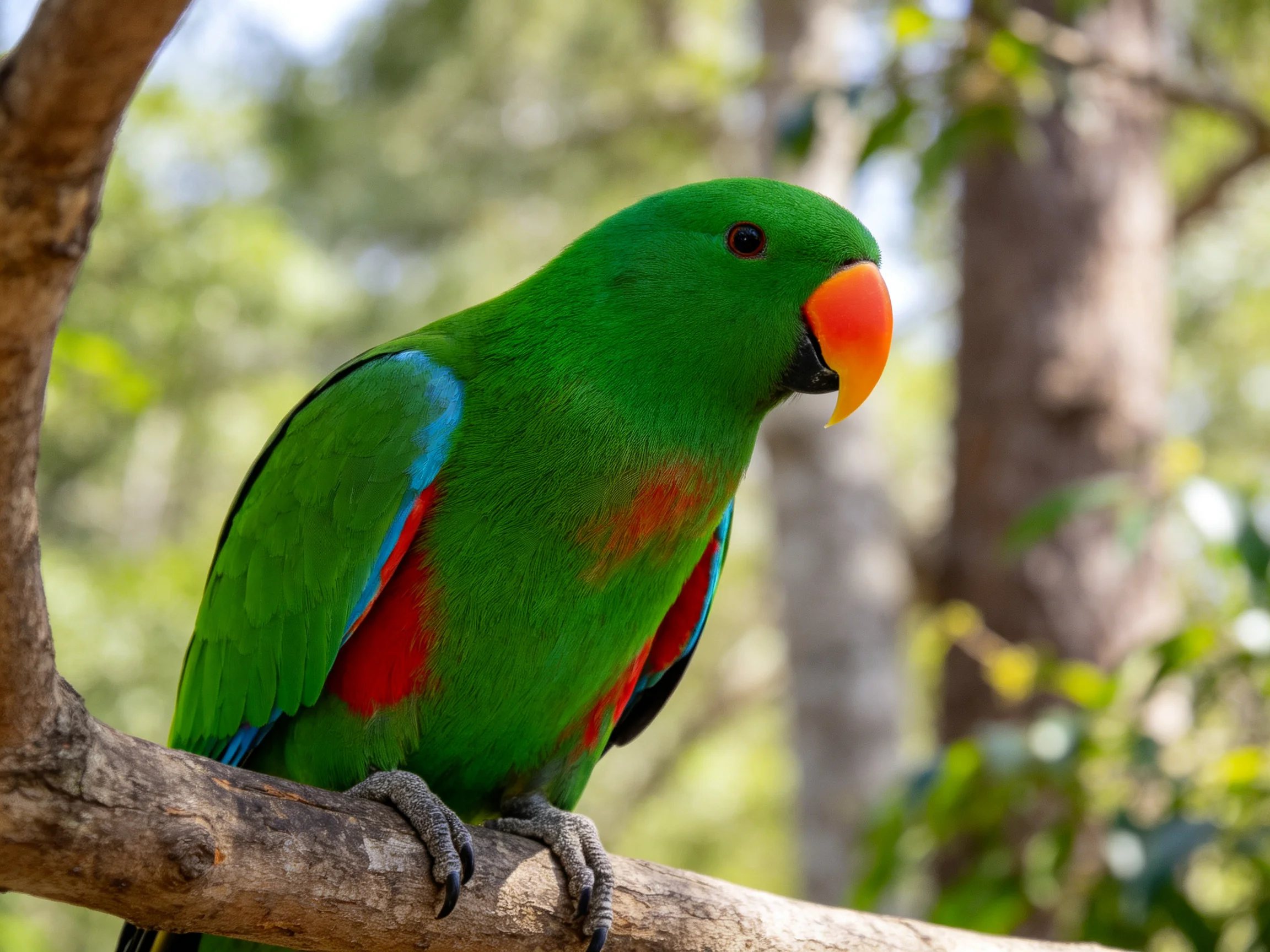 A vibrant green parrot with colorful plumage perches on a tree branch