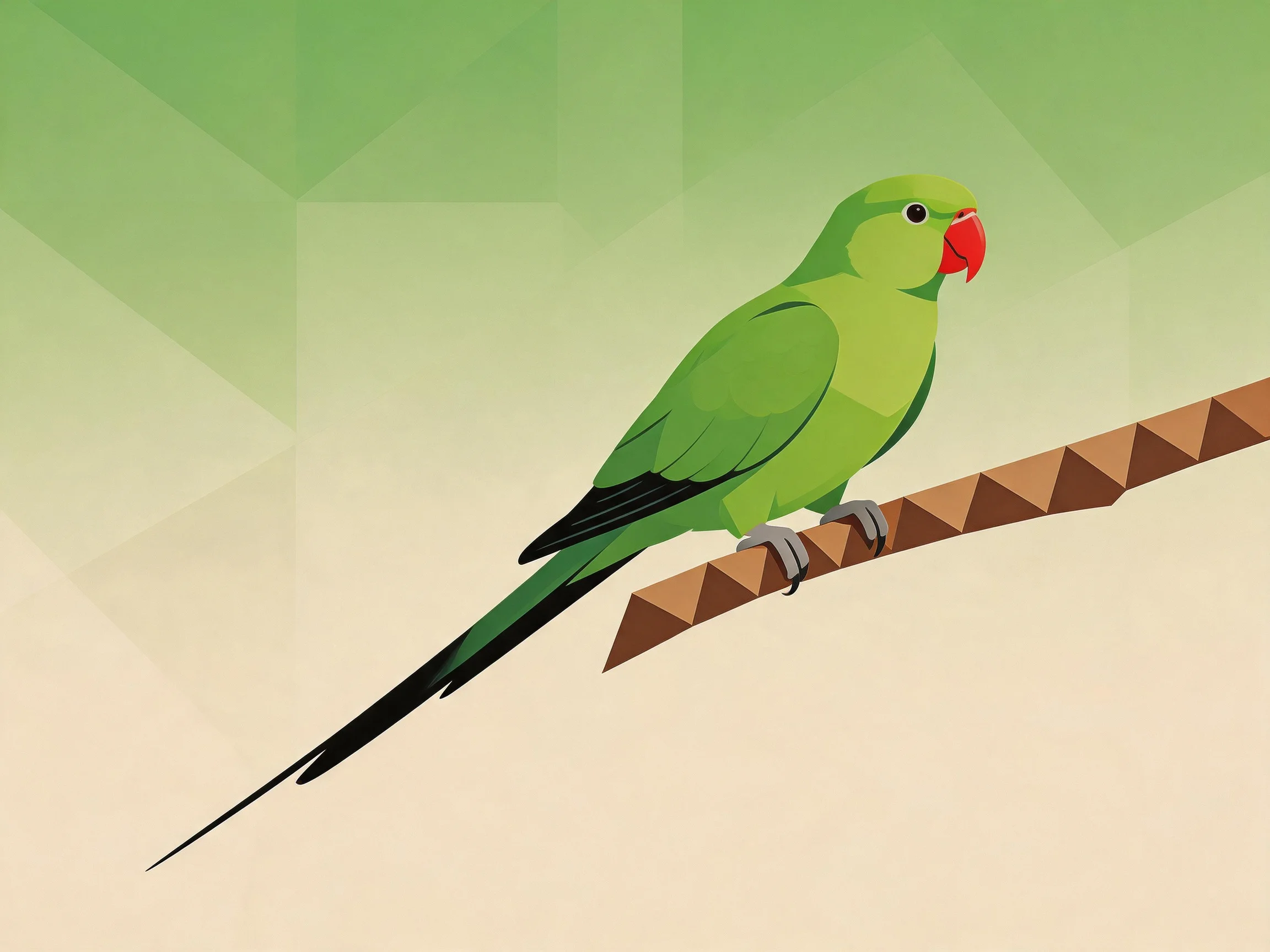 A vibrant green parrot with red beak perches on a brown geometric branch