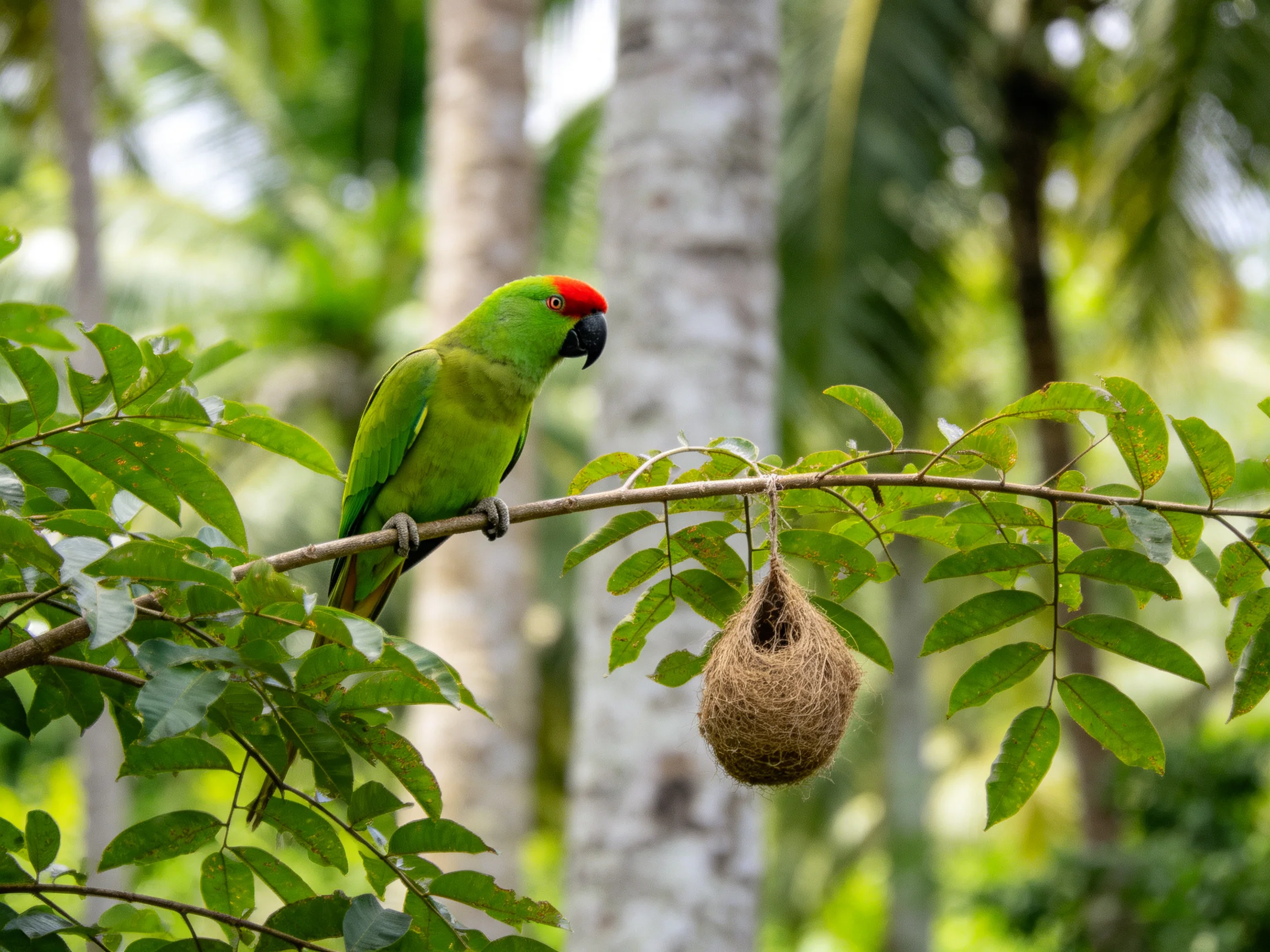 A vibrant green parrot with red forehead perched near a hanging nest in dense foliage