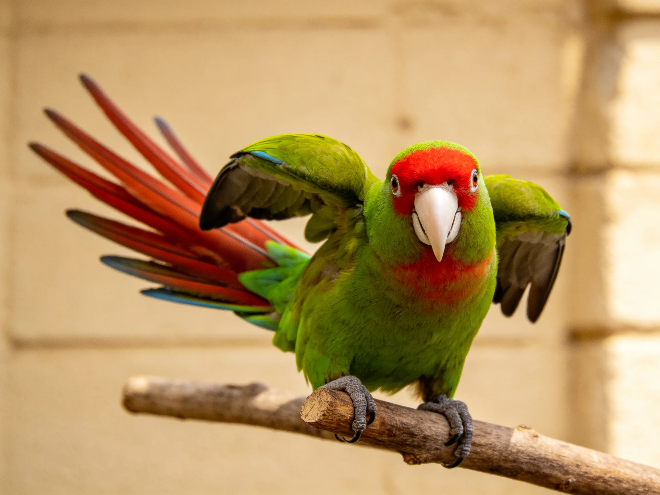 A vibrant green parrot with red head and tail spreads wings on a wooden perch