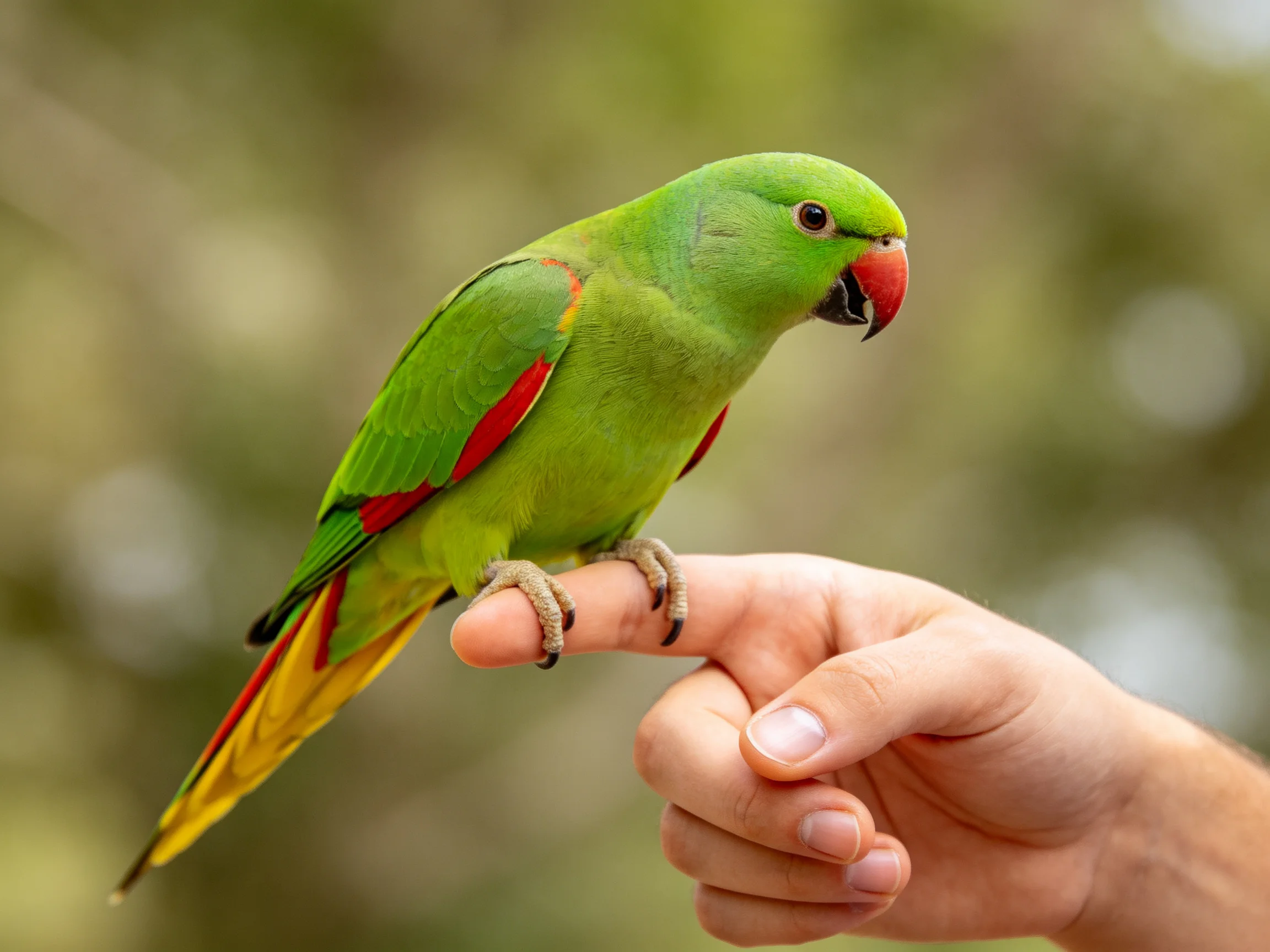 A vibrant green parrot with red wings perches on a human finger
