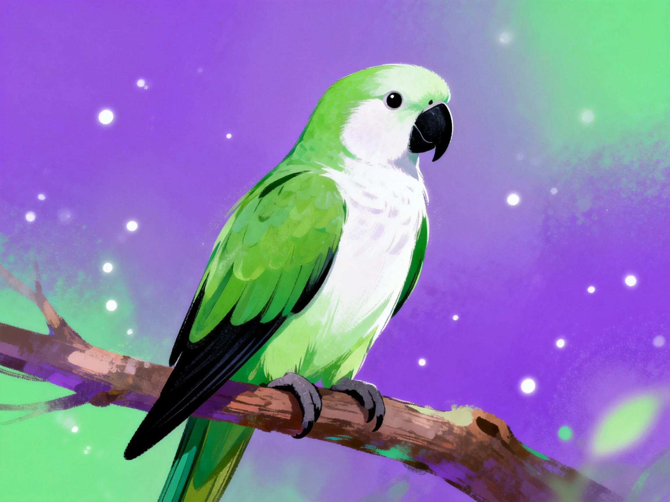 A vibrant green parrot with white chest perched on a branch