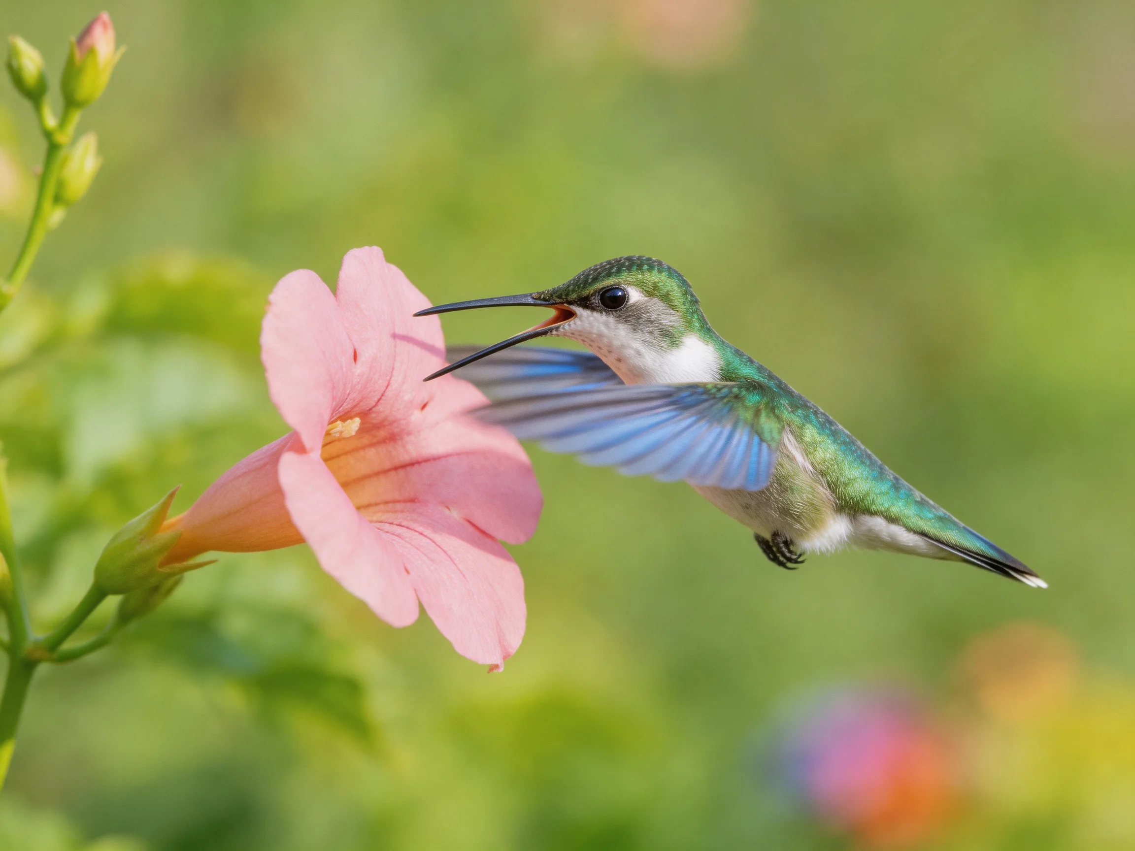 A vibrant hummingbird feeding from a pink trumpet - shaped flower