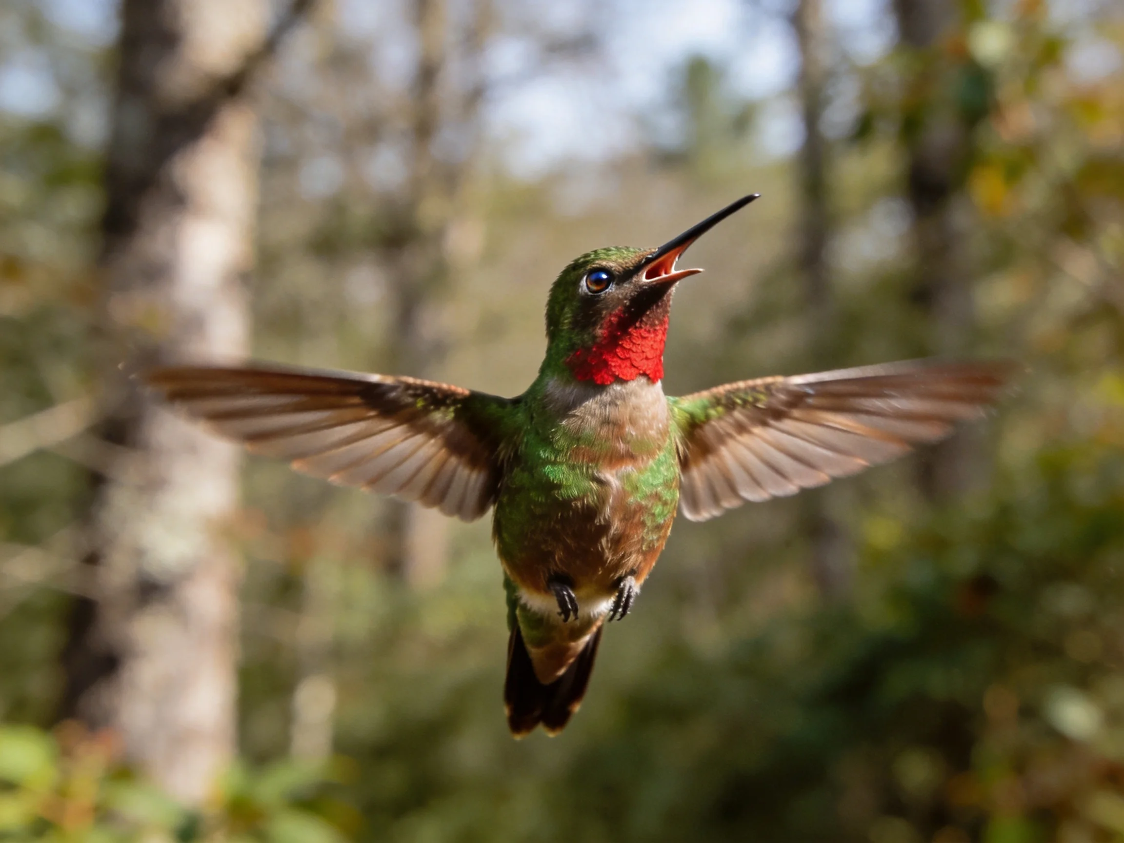 A vibrant hummingbird hovers mid-air with outstretched wings