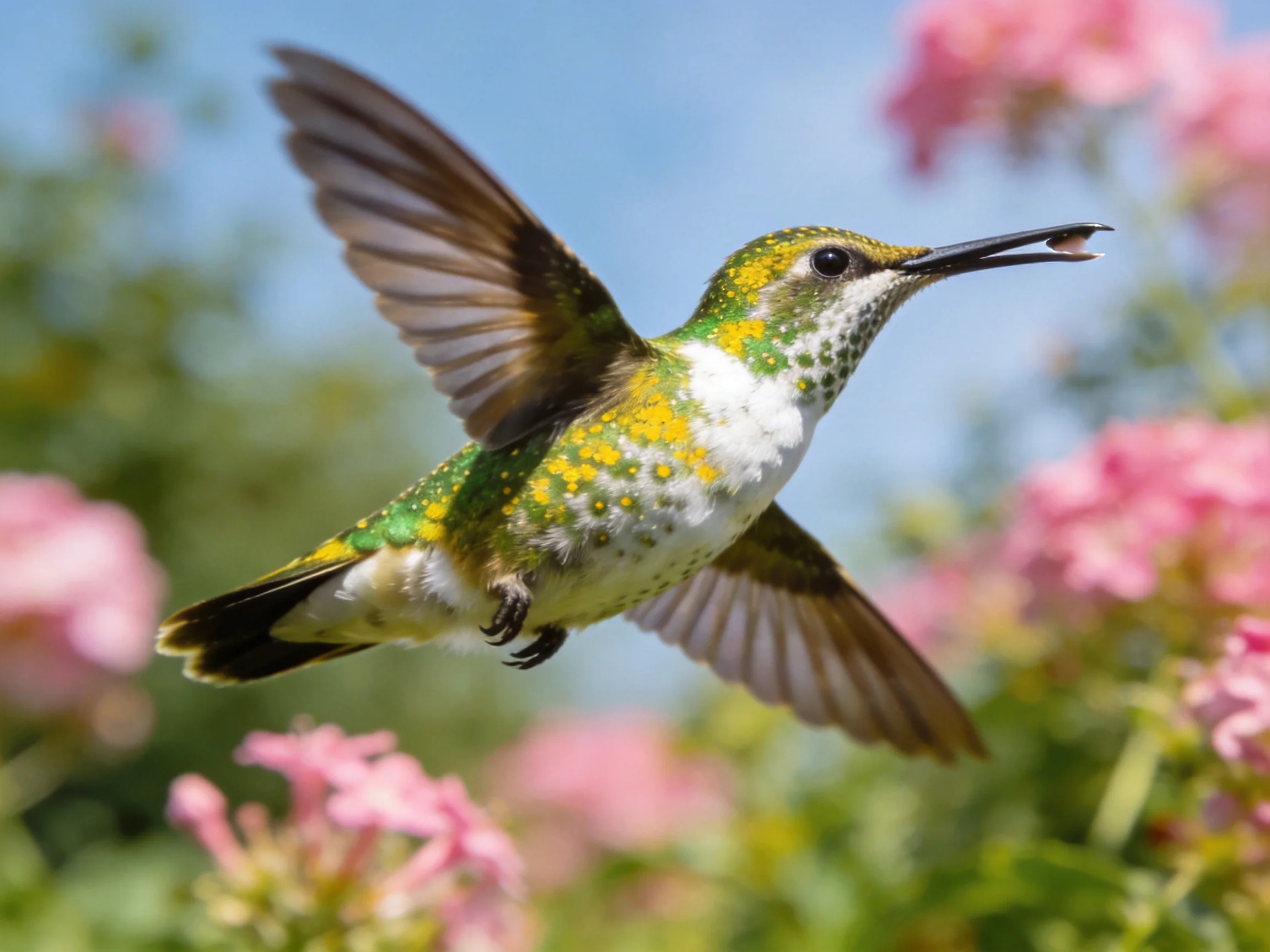 A vibrant hummingbird hovers near pink blooms with green-yellow plumage