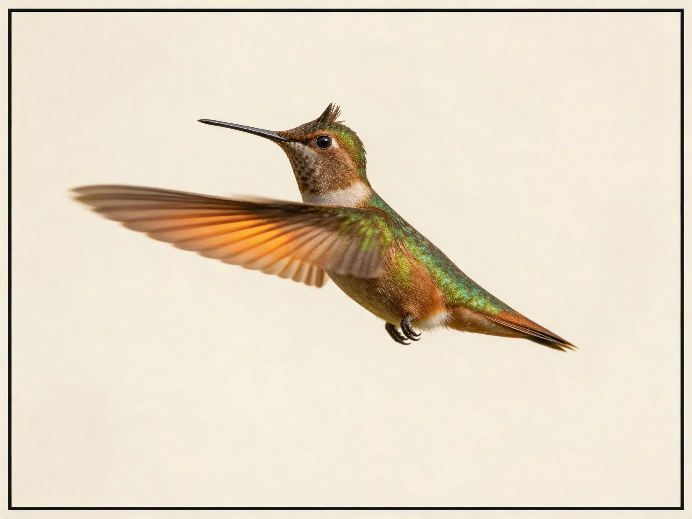 A vibrant hummingbird in mid-flight with iridescent plumage