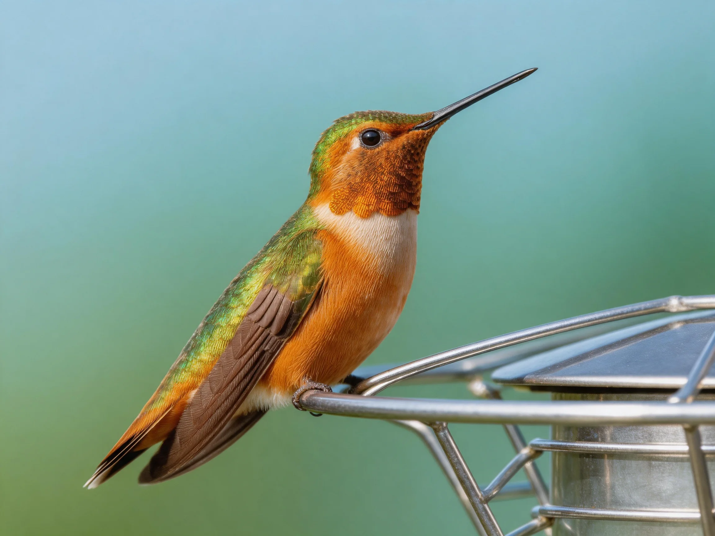 A vibrant hummingbird with green and rust plumage perched on metal feeder