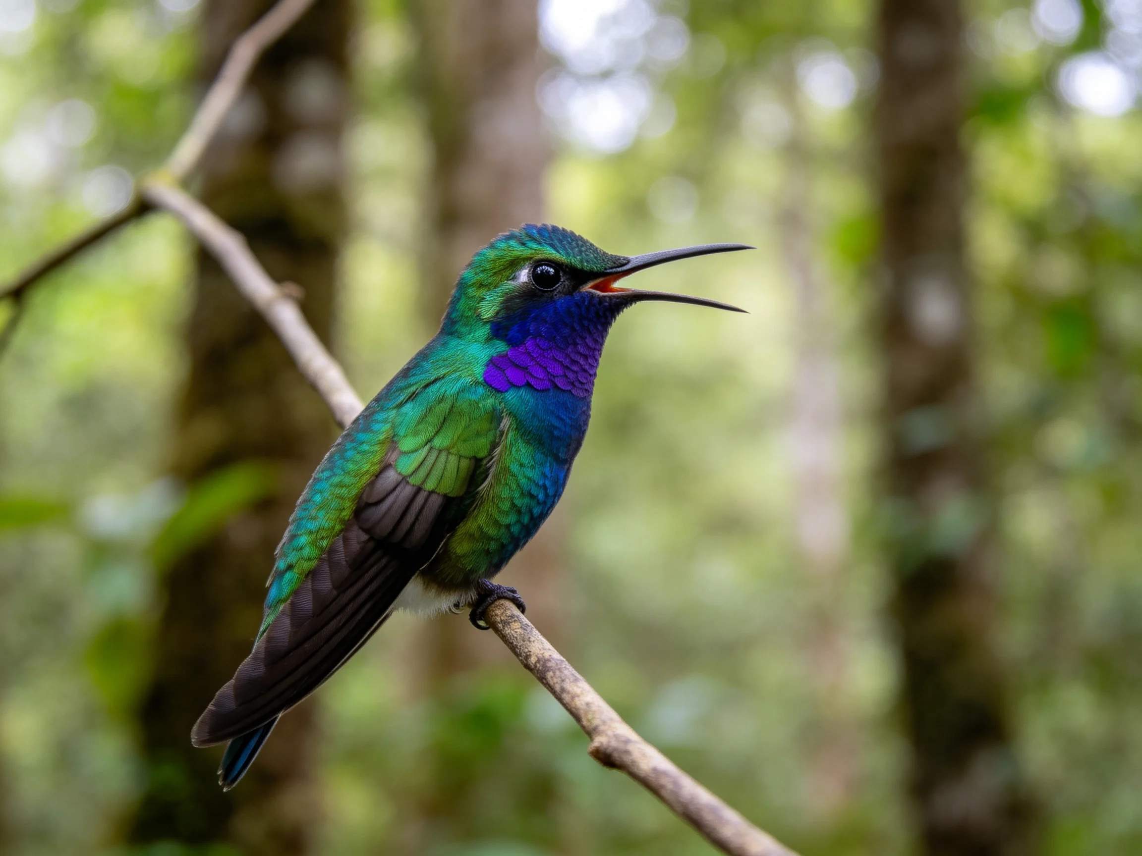 A vibrant hummingbird with iridescent green, purple, blue plumage perches on a thin branch
