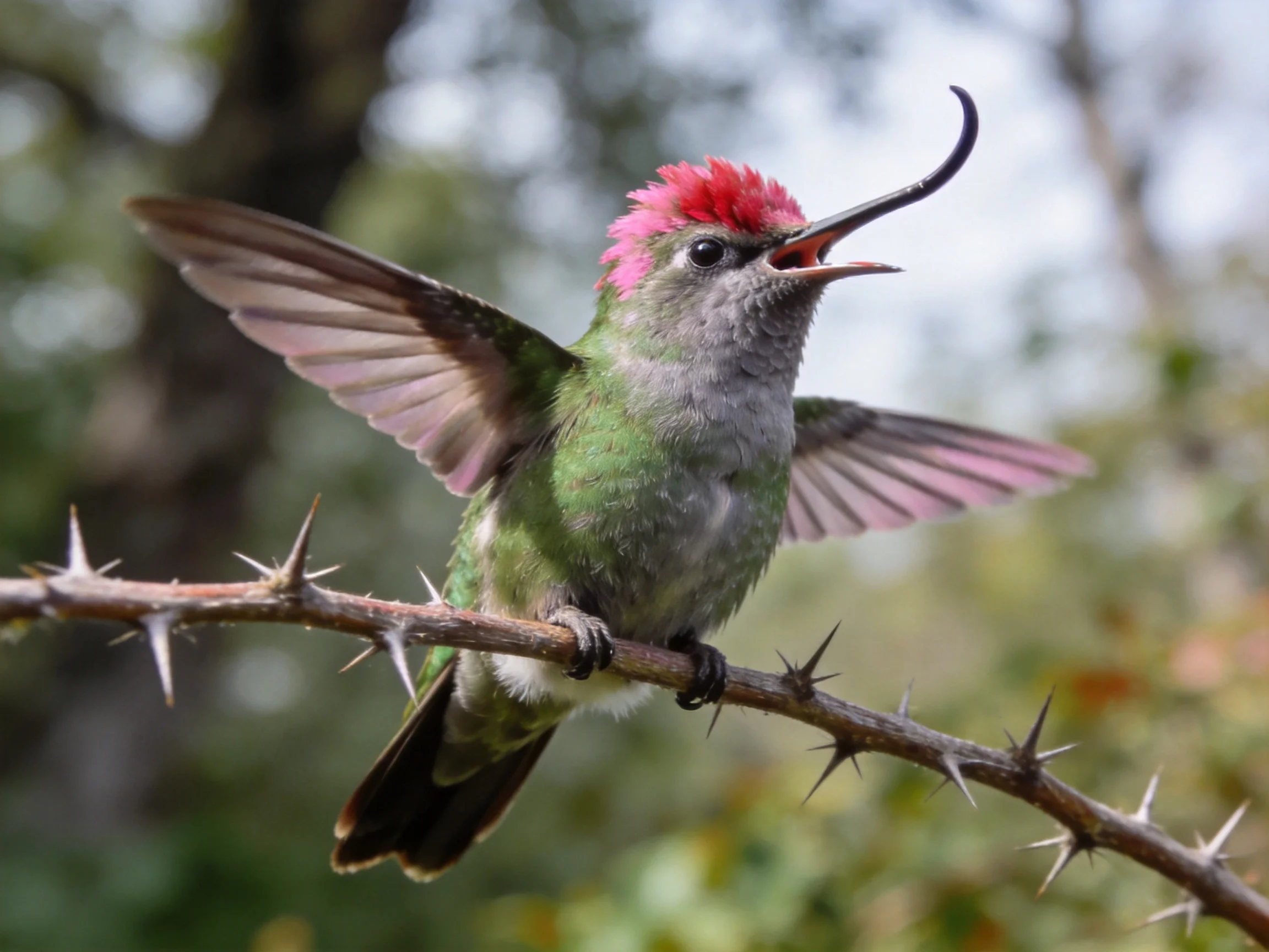 A vibrant hummingbird with pink crest perches on a spiky branch