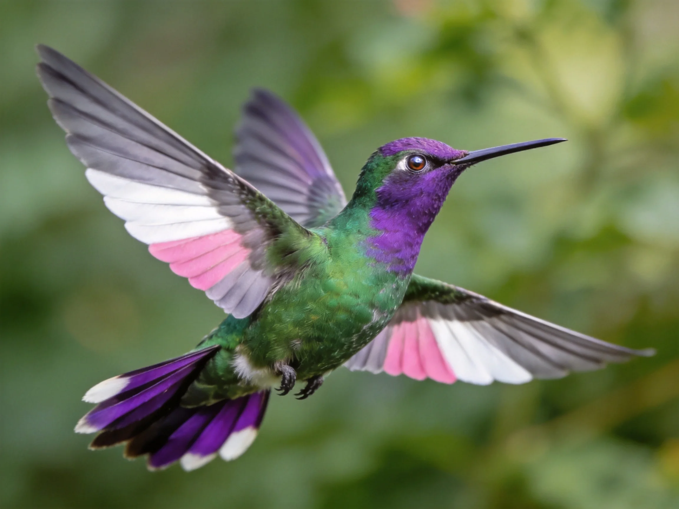 A vibrant hummingbird with purple, green, pink plumage in flight