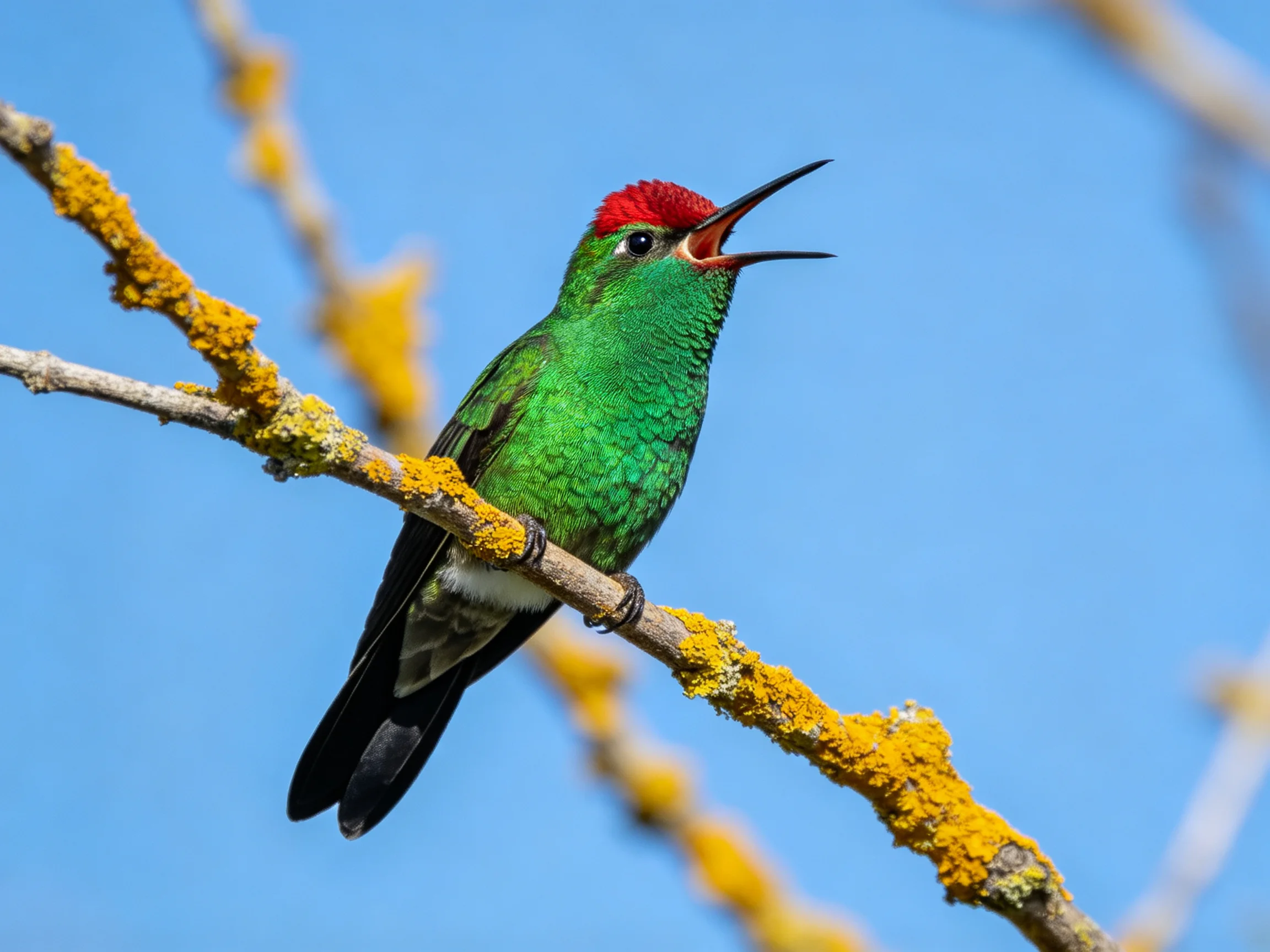 A vibrant hummingbird with red crest perches on a lichen-covered branch