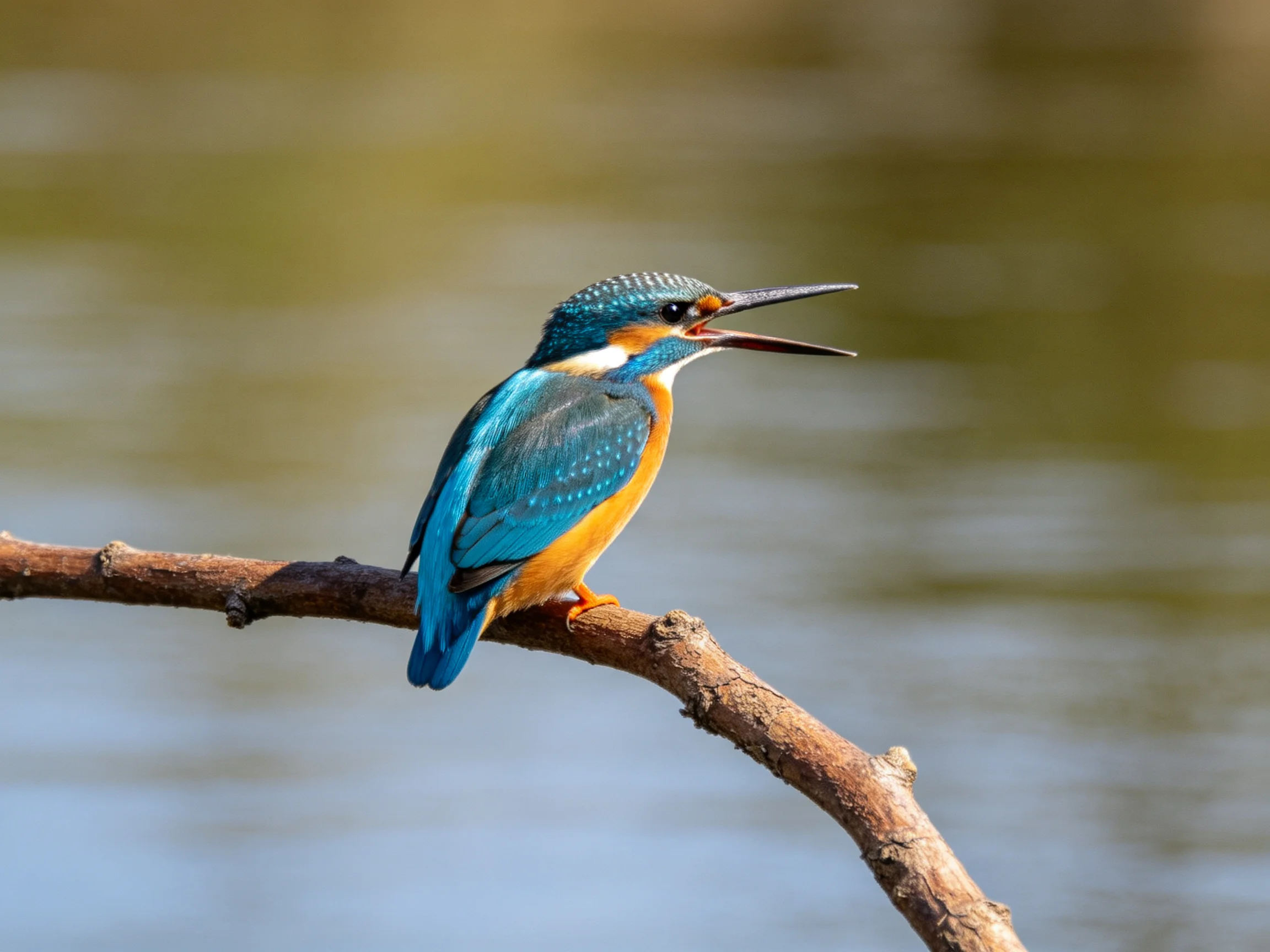 A vibrant kingfisher perched on a brown branch by calm waters