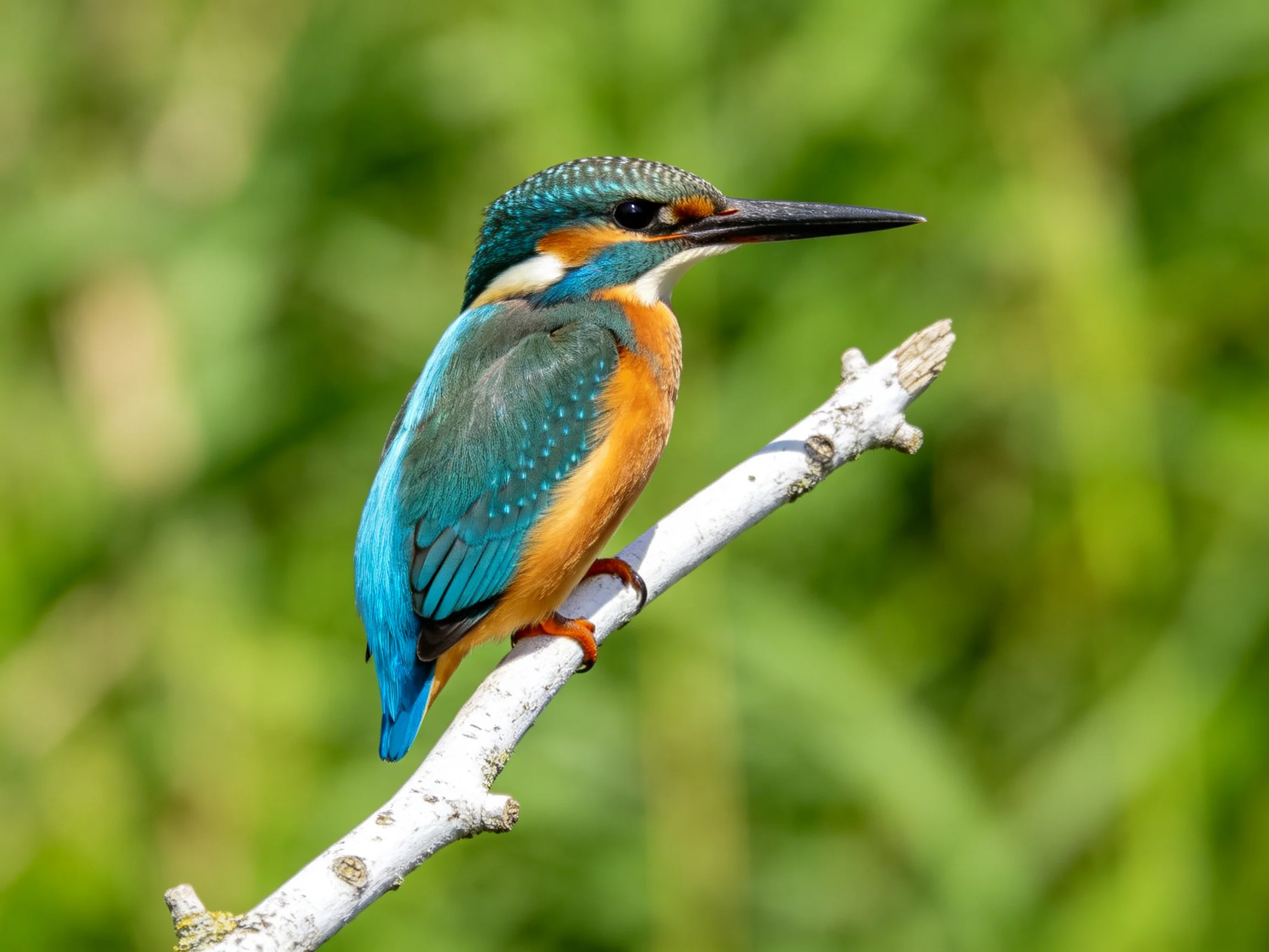 A vibrant kingfisher perched on a white branch with green foliage