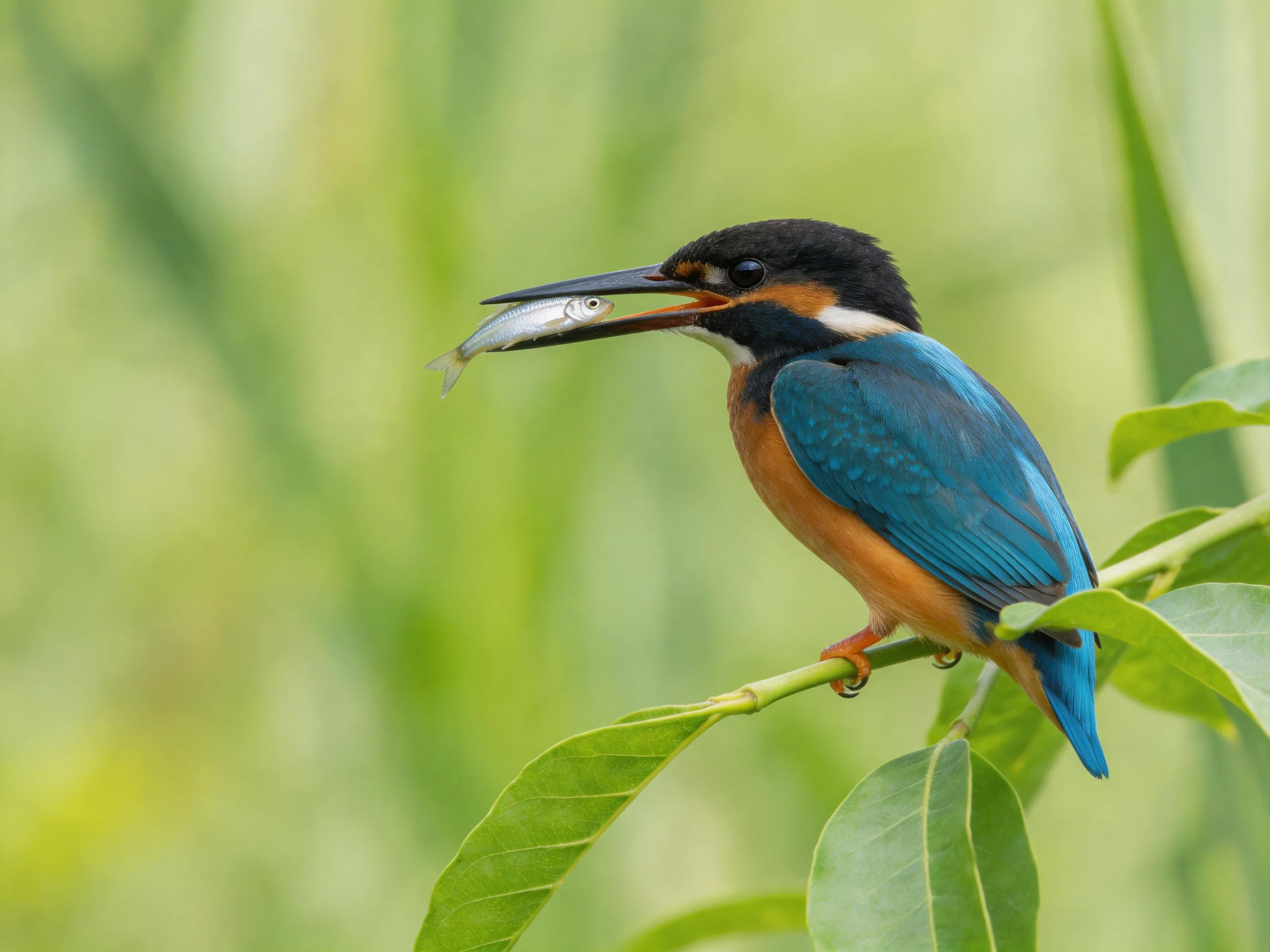 A vibrant kingfisher perched with a silvery fish