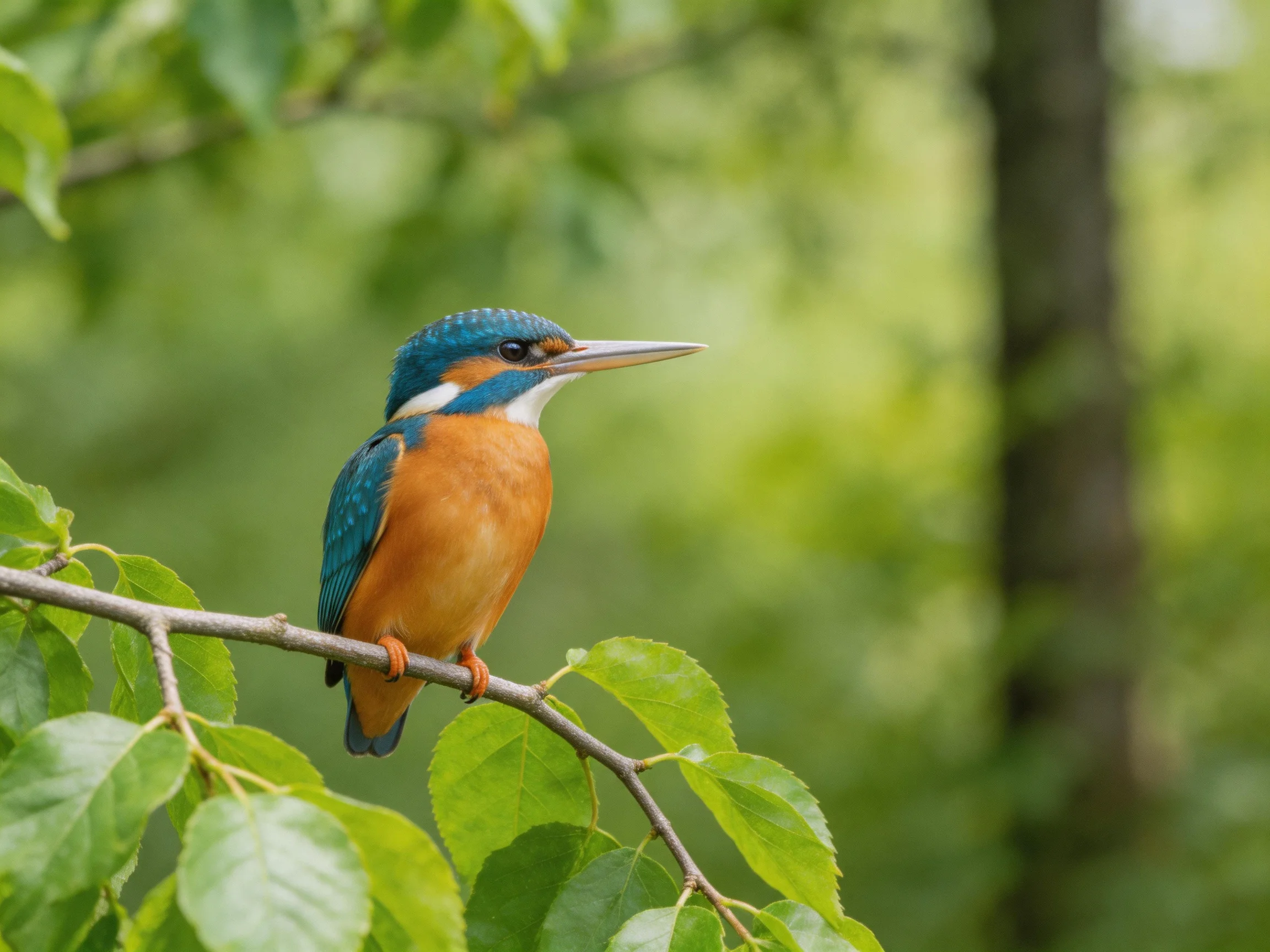 A vibrant kingfisher perches on a leafy branch
