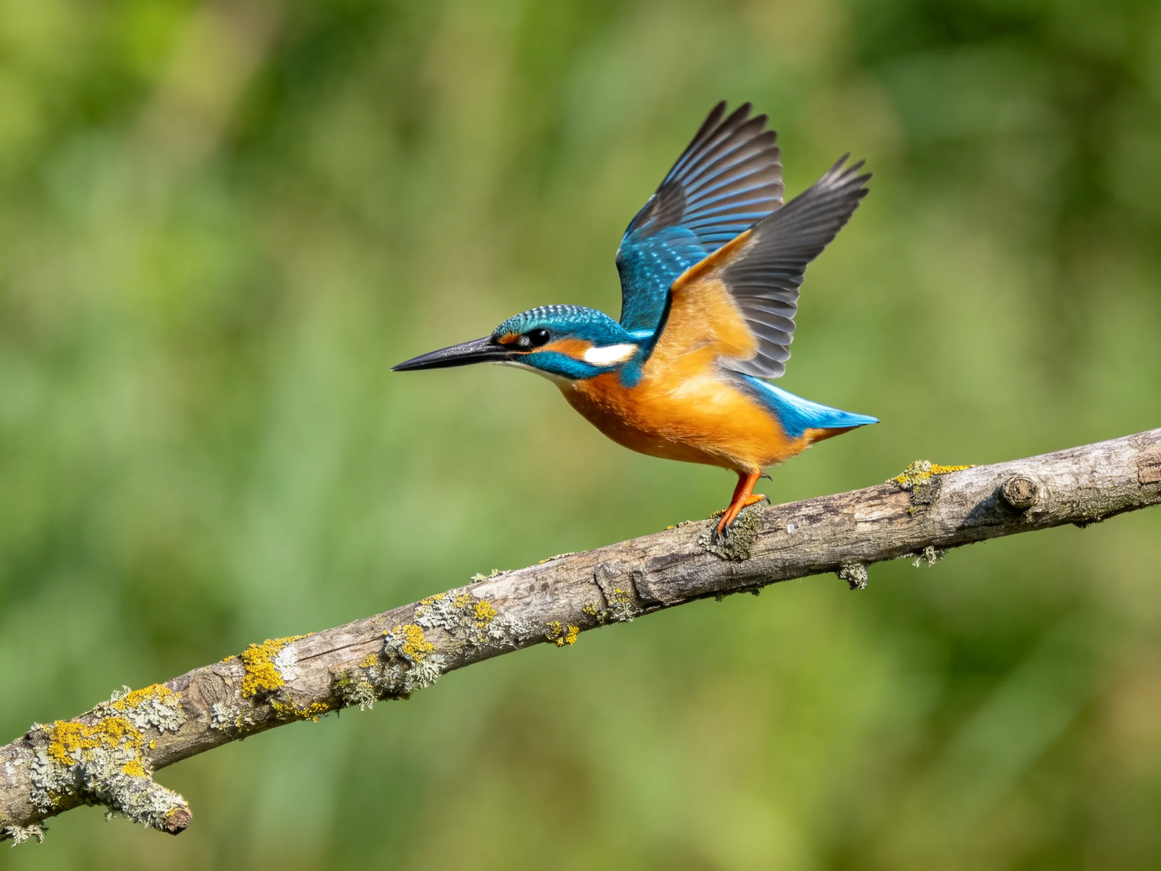 A vibrant kingfisher spreads wings on a mossy branch