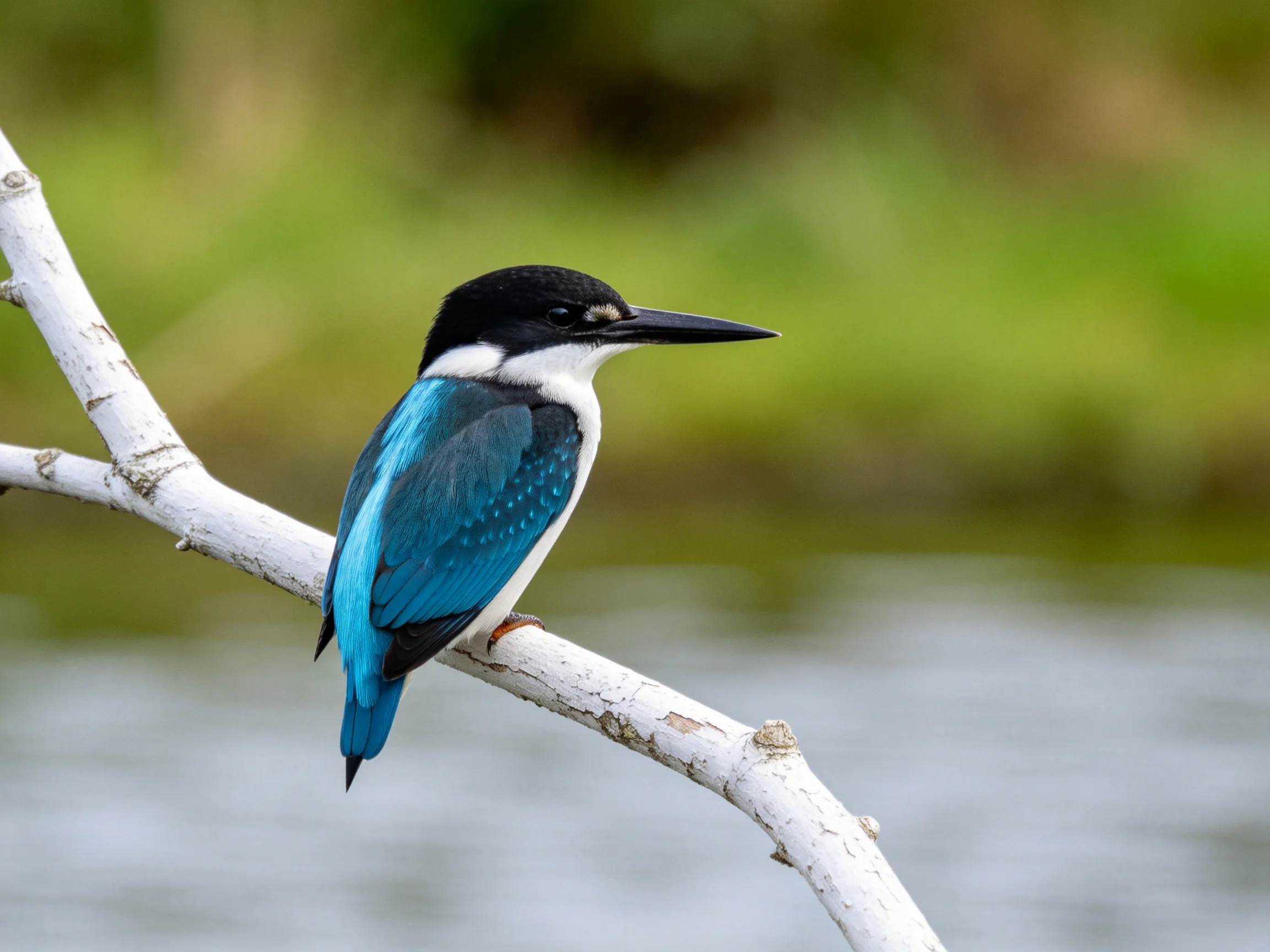 A vibrant kingfisher with black, white, and turquoise plumage perches on a weathered white branch.