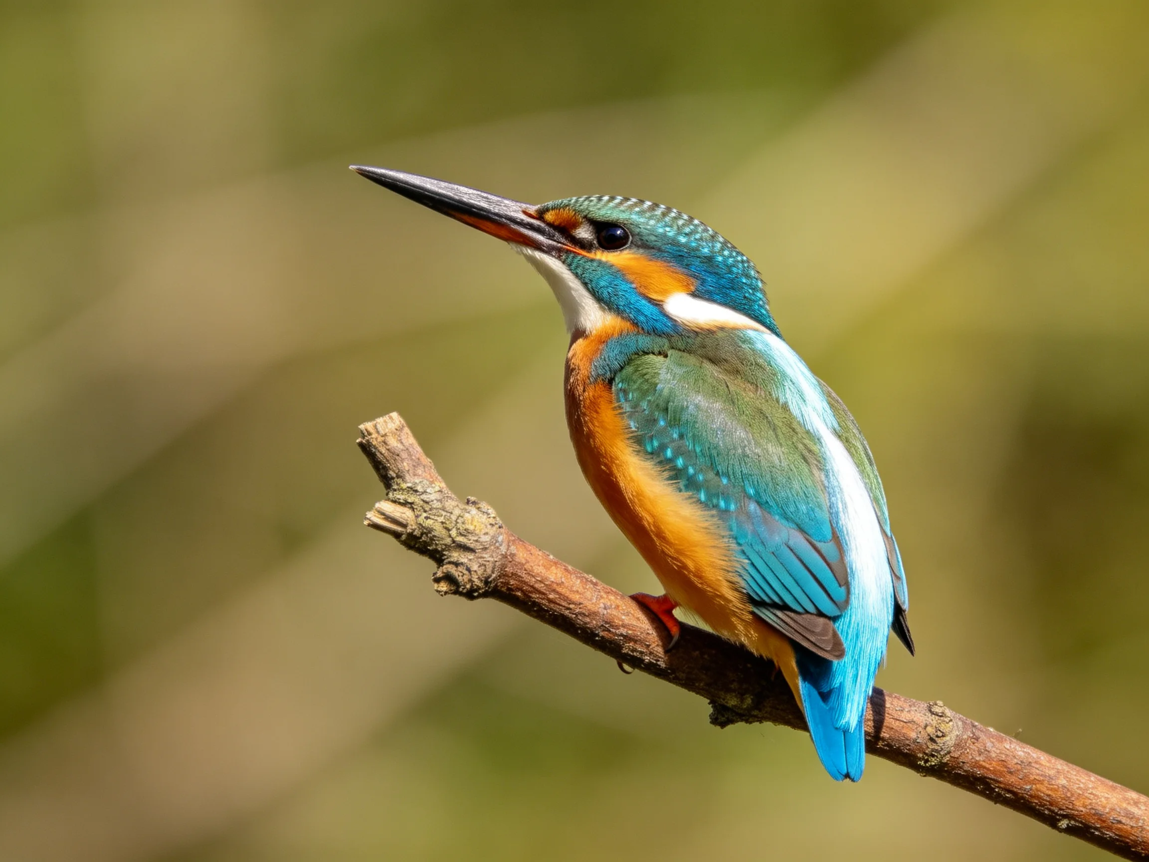 A vibrant kingfisher with turquoise and orange plumage perches on a brown branch