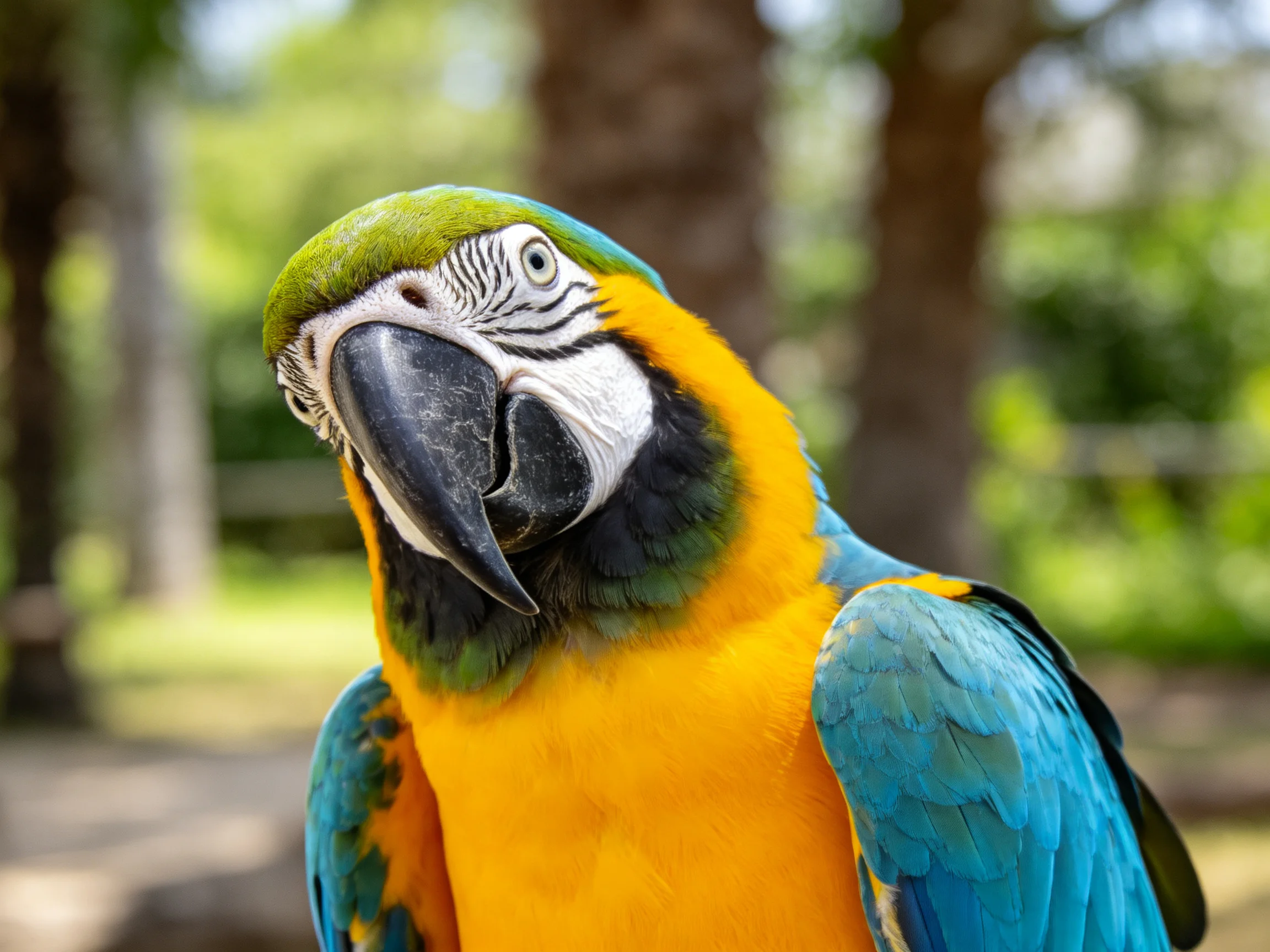 A vibrant macaw with blue, yellow, and green plumage