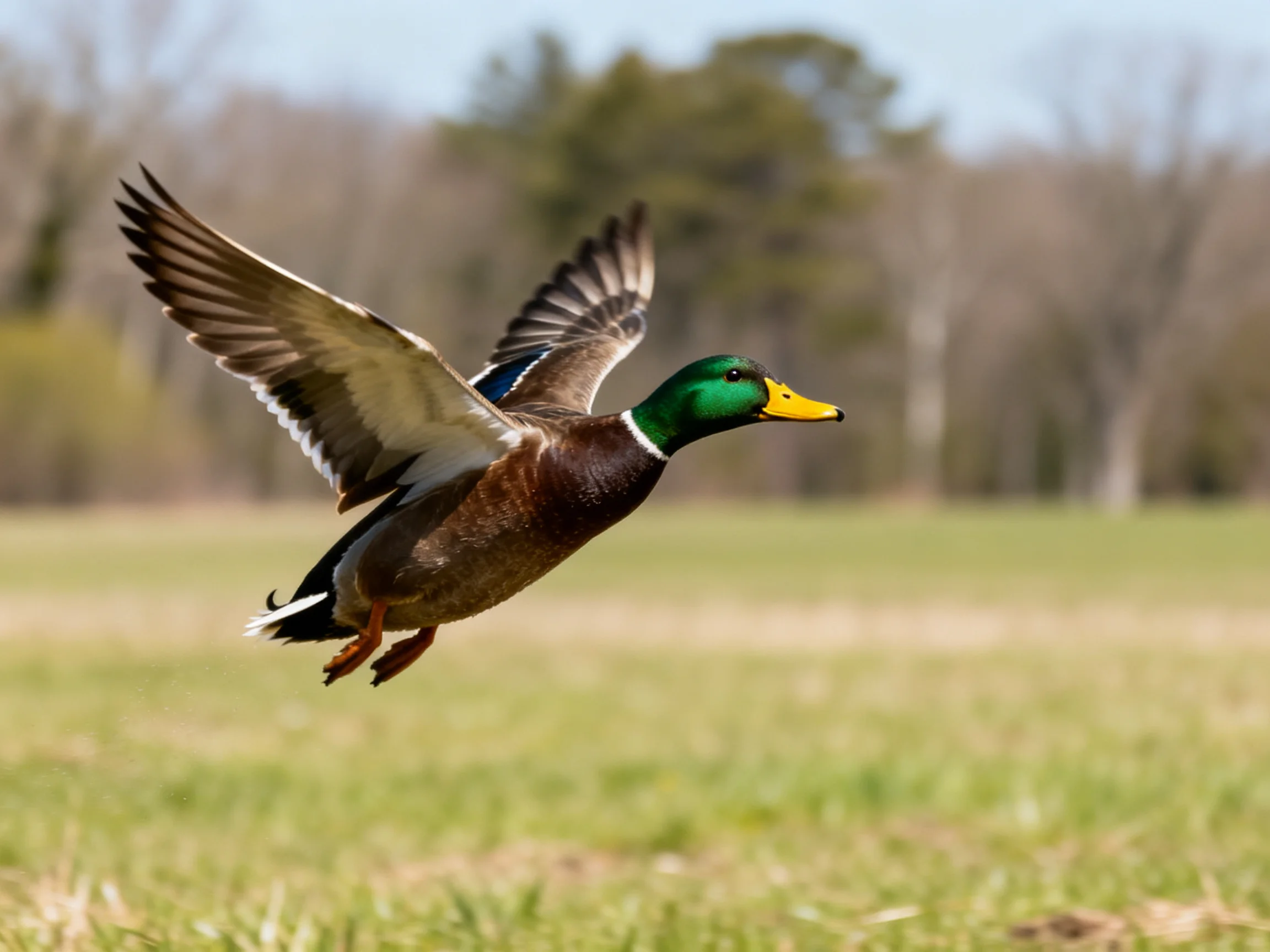 A vibrant mallard duck flies low over a green meadow