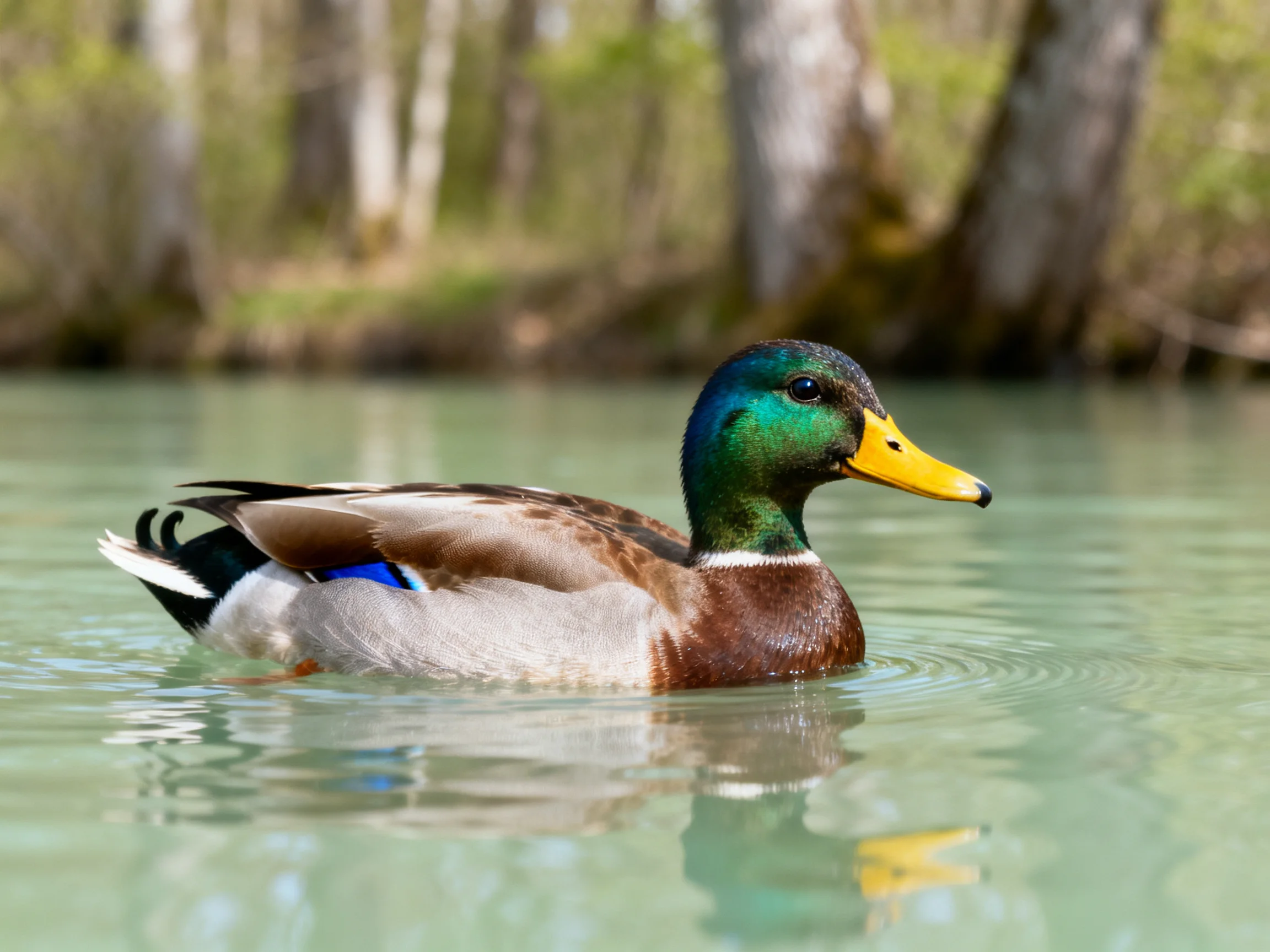 A vibrant mallard duck glides on clear water near wooded shoreline