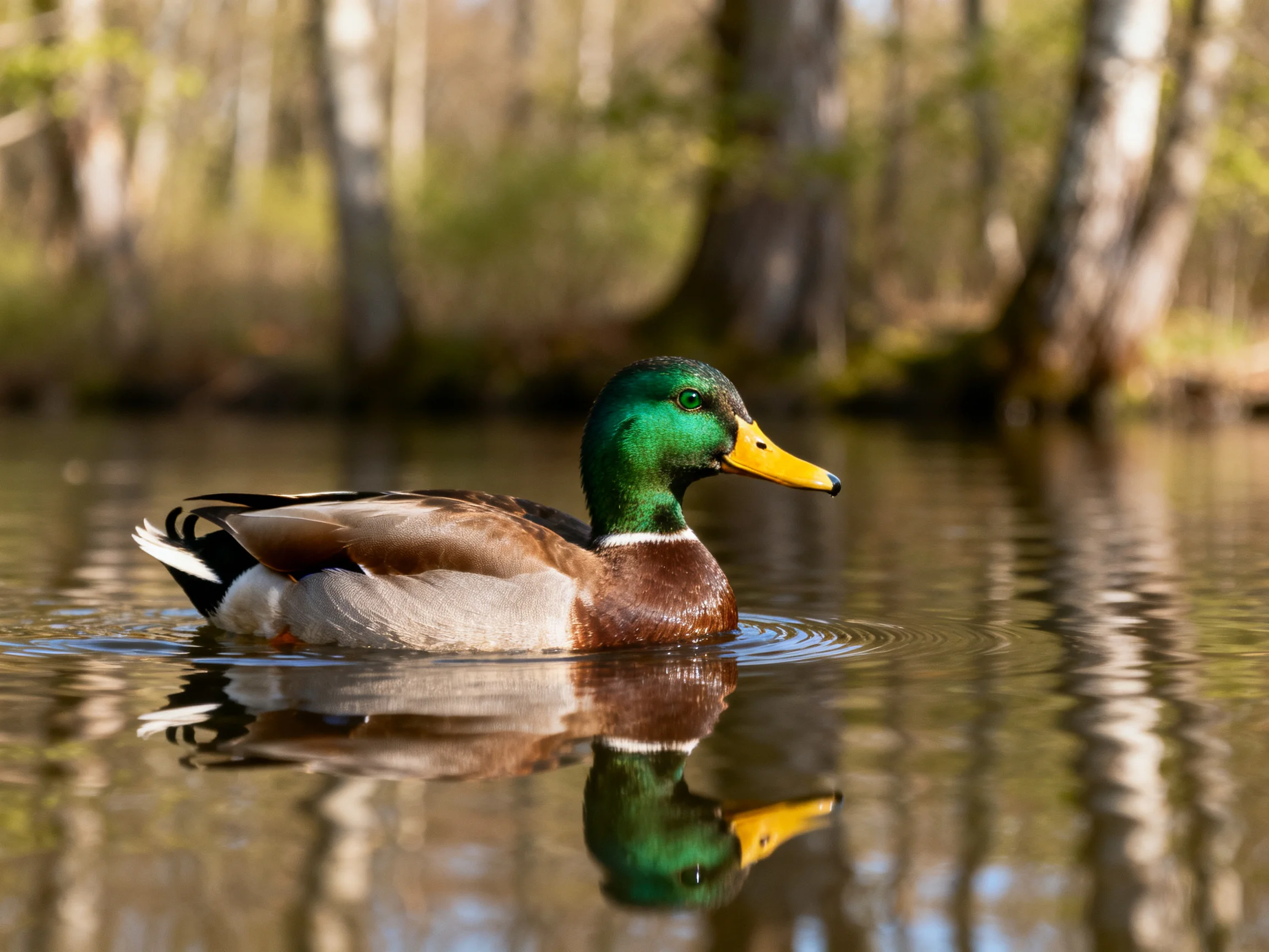 A vibrant mallard duck gliding on calm water by trees