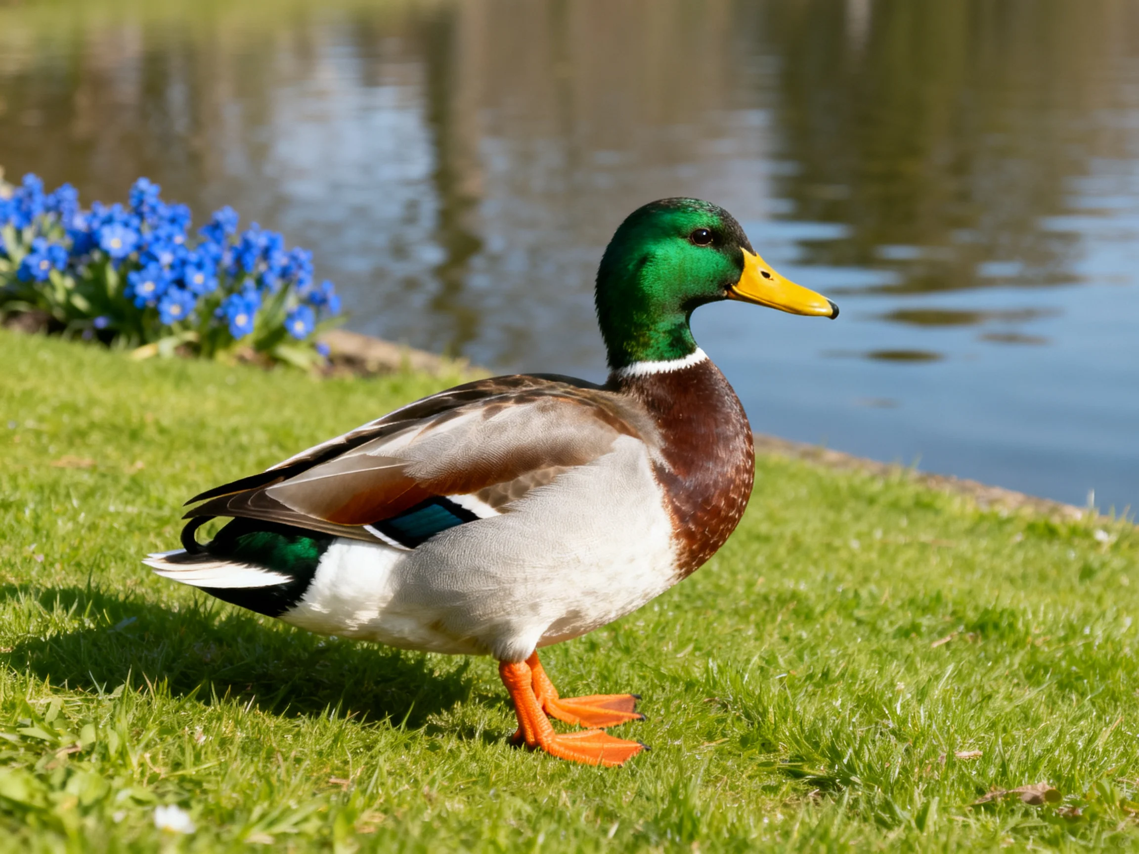A mallard duck stands on green grass beside blue flowers and still water.