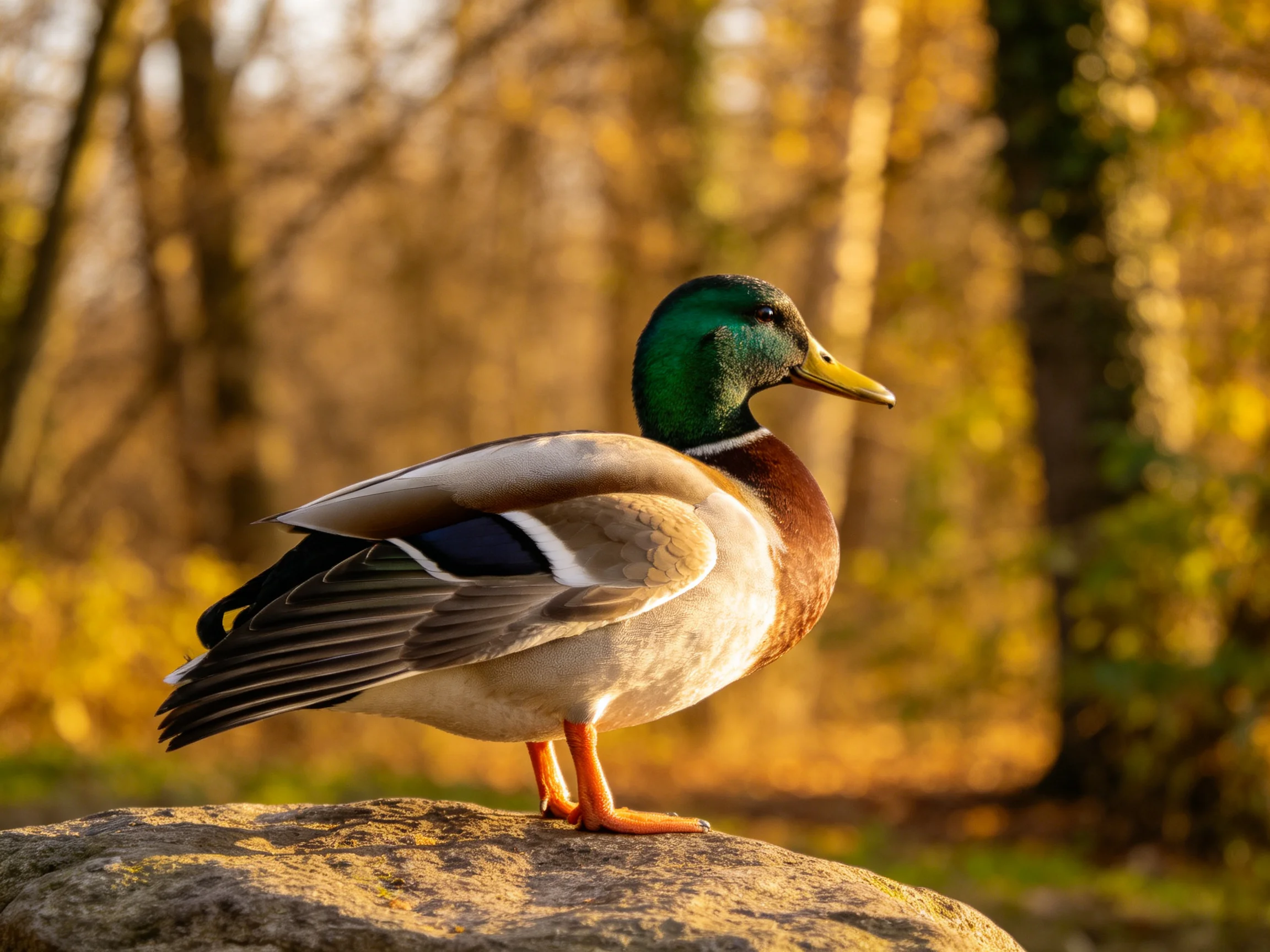 A mallard duck rests on a rock in a sunlit forest setting.
