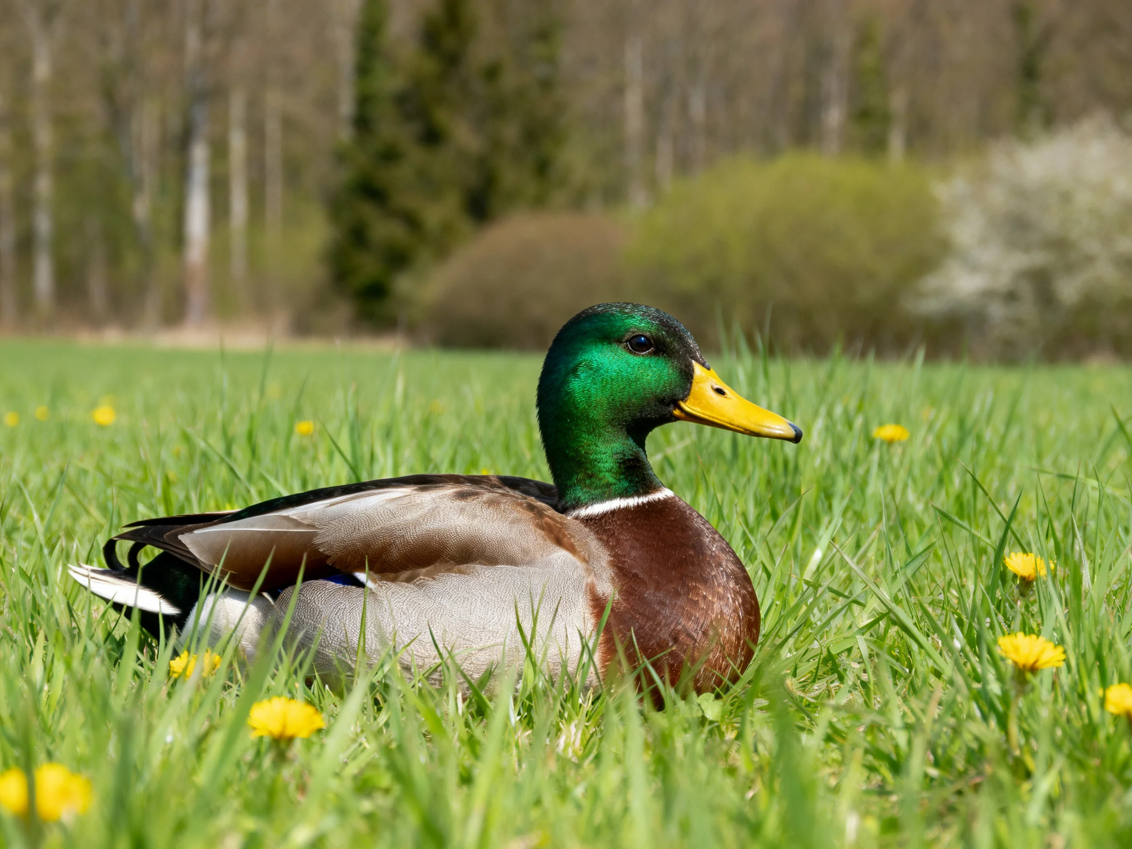 A vibrant mallard duck resting in a grassy meadow