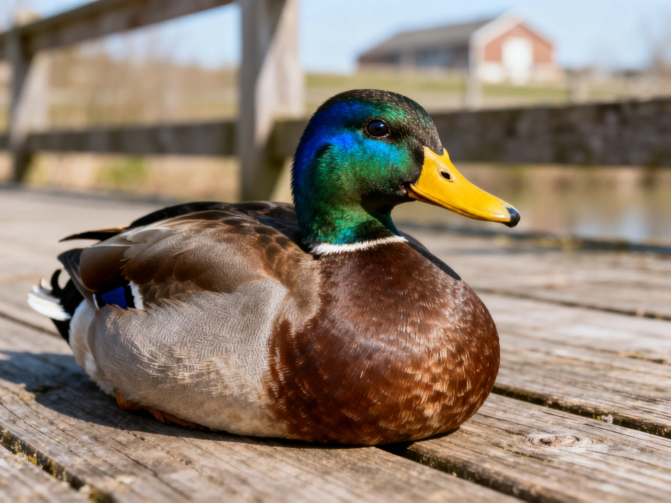 A vibrant mallard duck rests peacefully on a wooden dock near water.