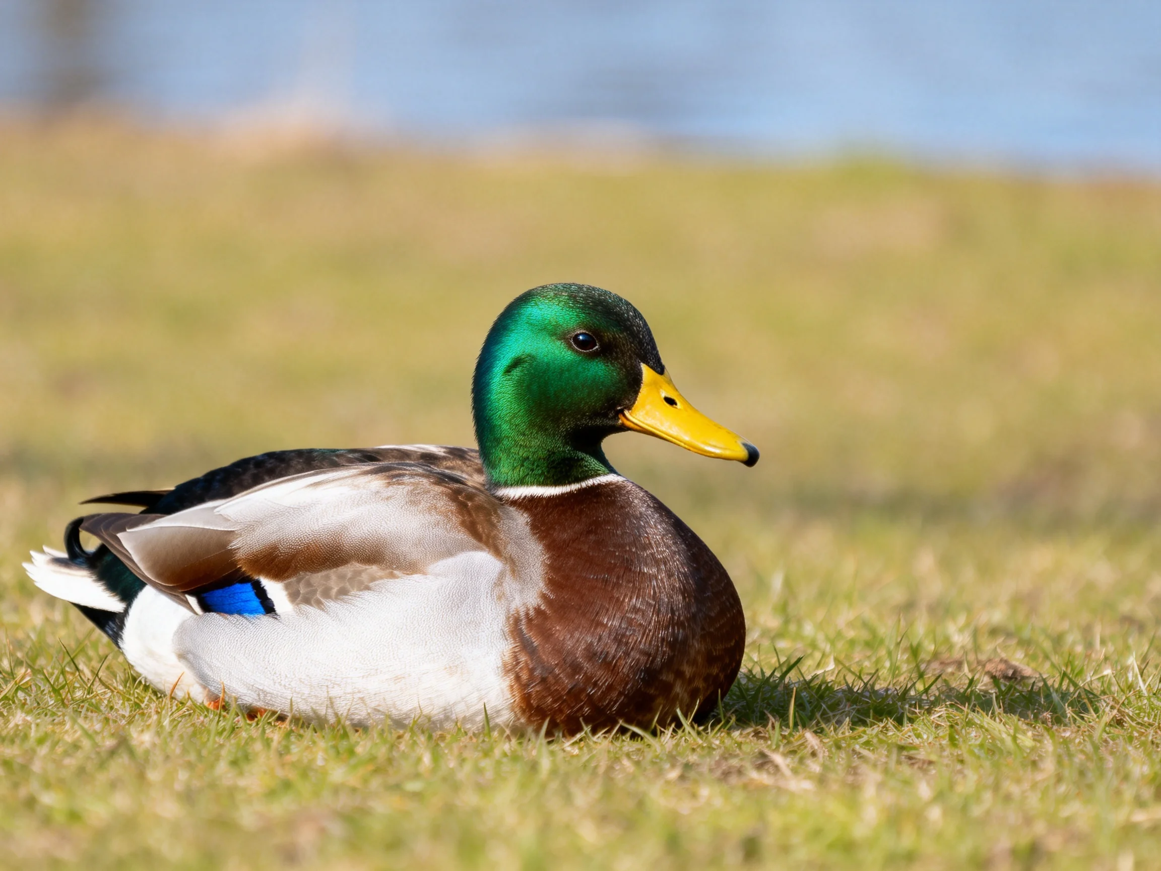 A male mallard duck rests on a grassy field.