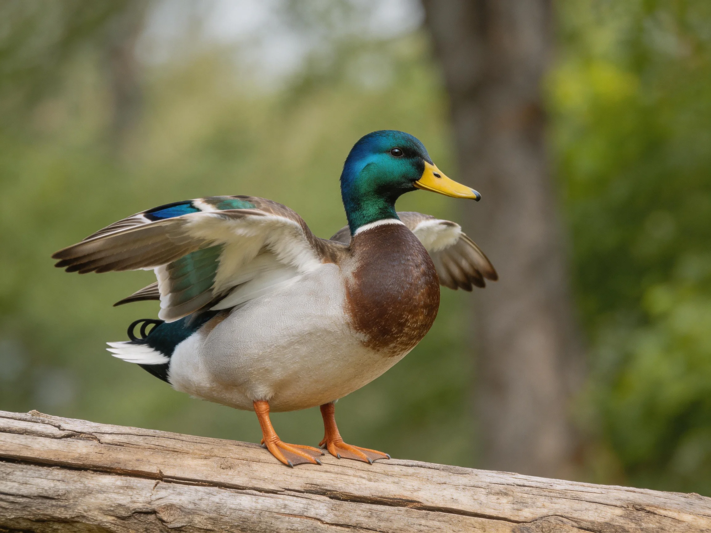 A vibrant mallard duck spreading wings atop a weathered log