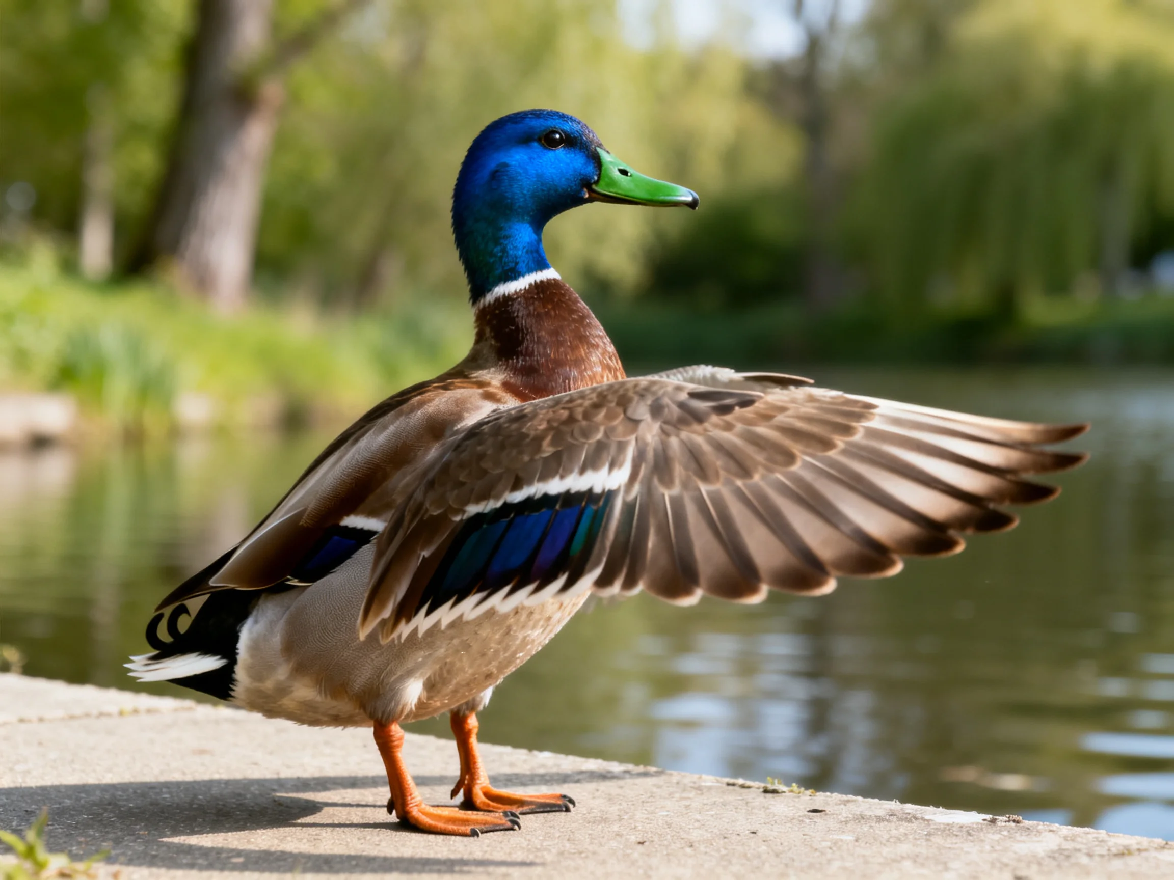 A vibrant mallard duck spreads its wings near a serene body of water.
