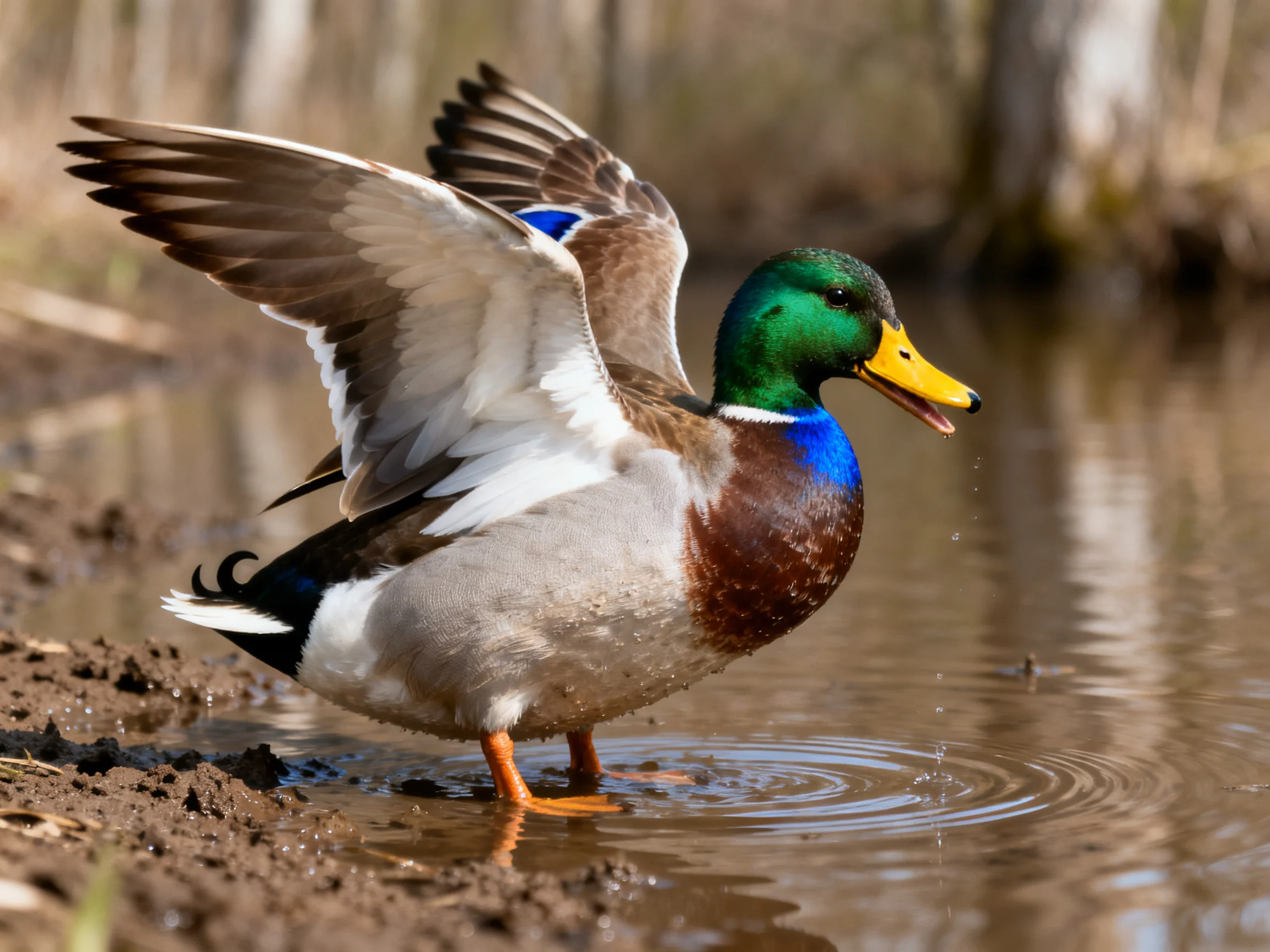 A vibrant mallard duck spreading wings by calm waters