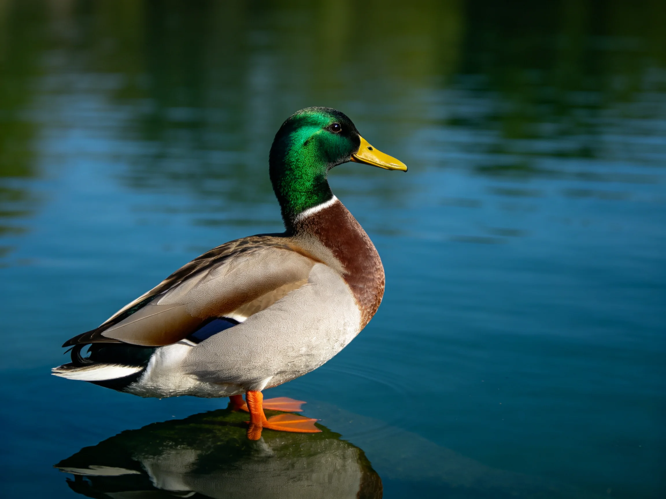 A vibrant mallard duck standing in calm blue water