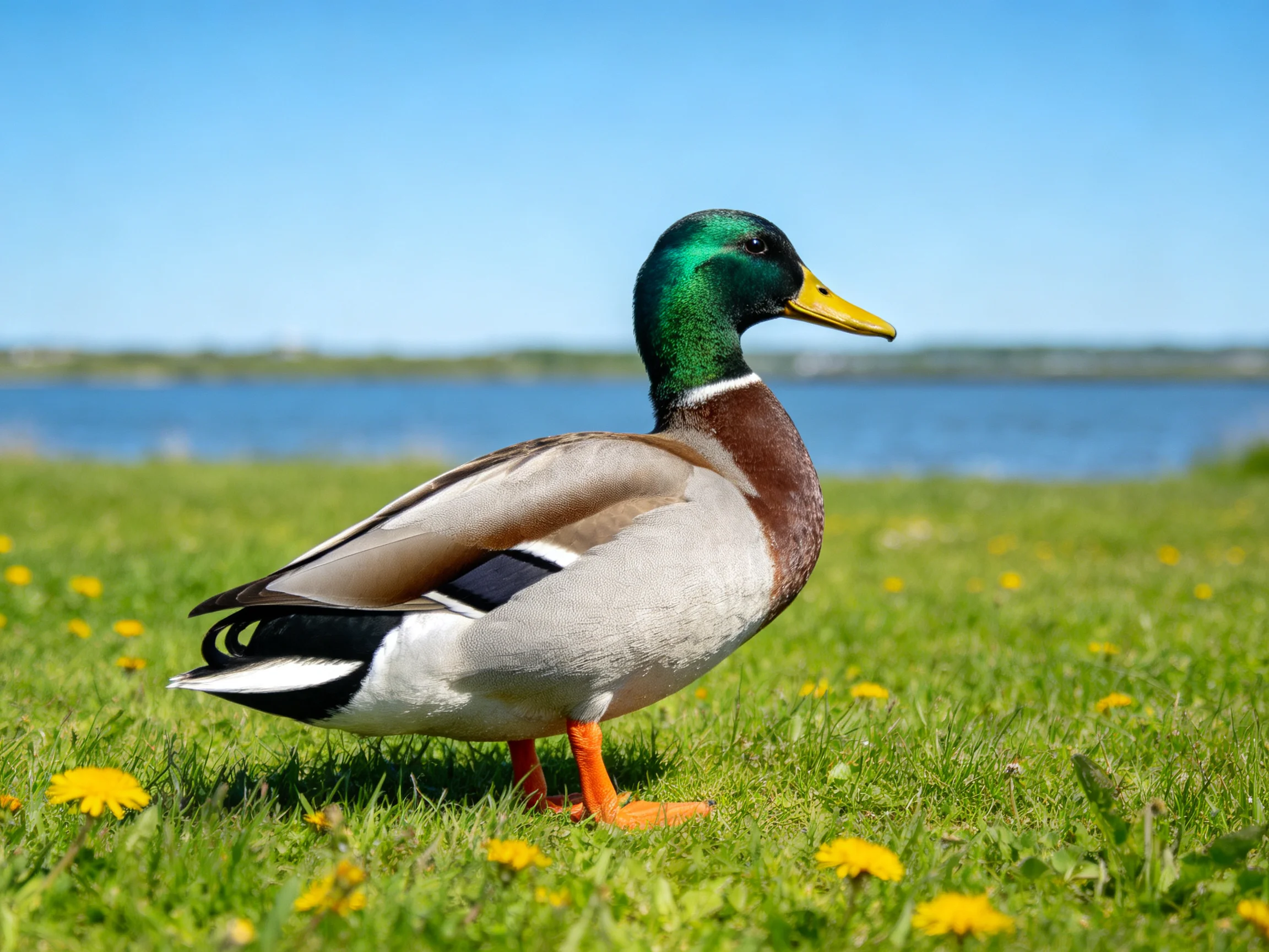 A vibrant mallard duck standing on green grass near water