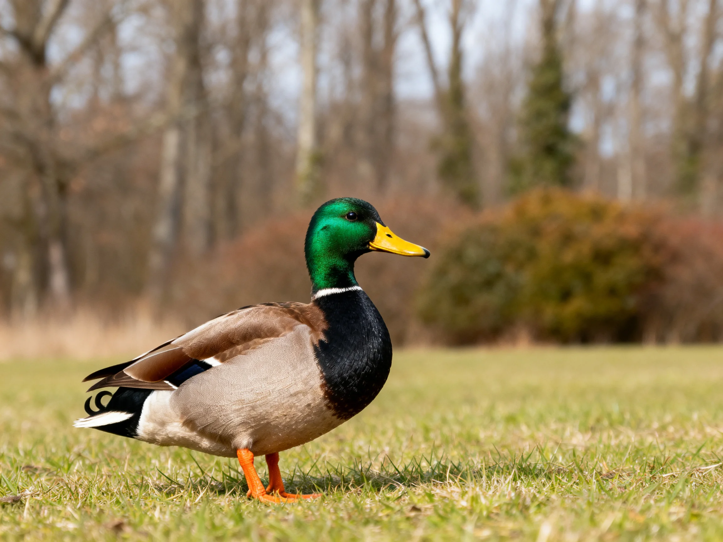 A mallard duck with colorful plumage stands on grass near trees
