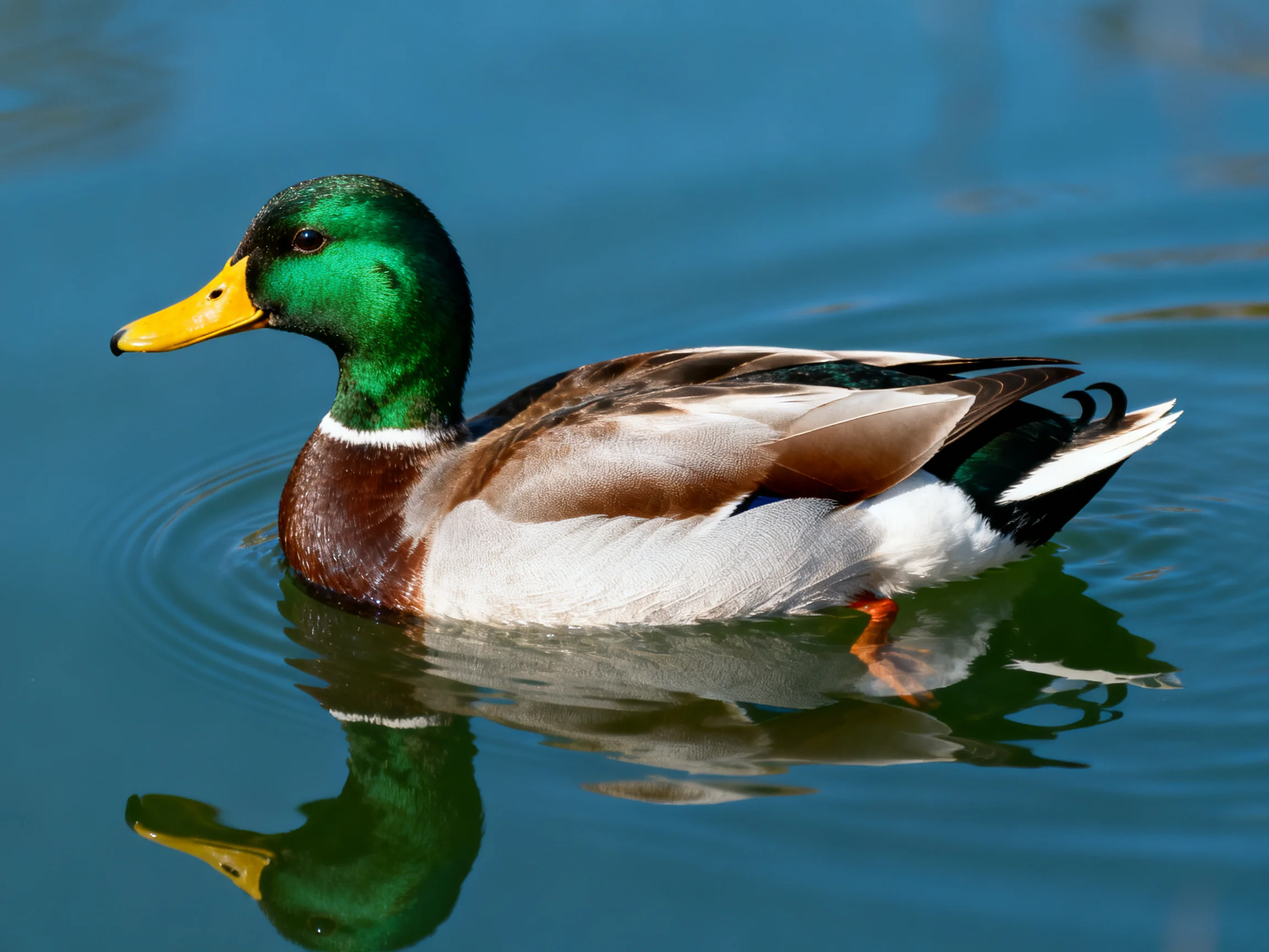 A vibrant mallard duck swimming in clear blue water