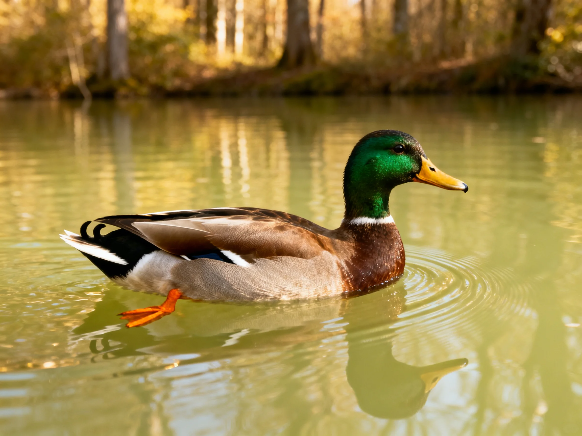 A vibrant mallard duck swims in calm, green-hued water near wooded area