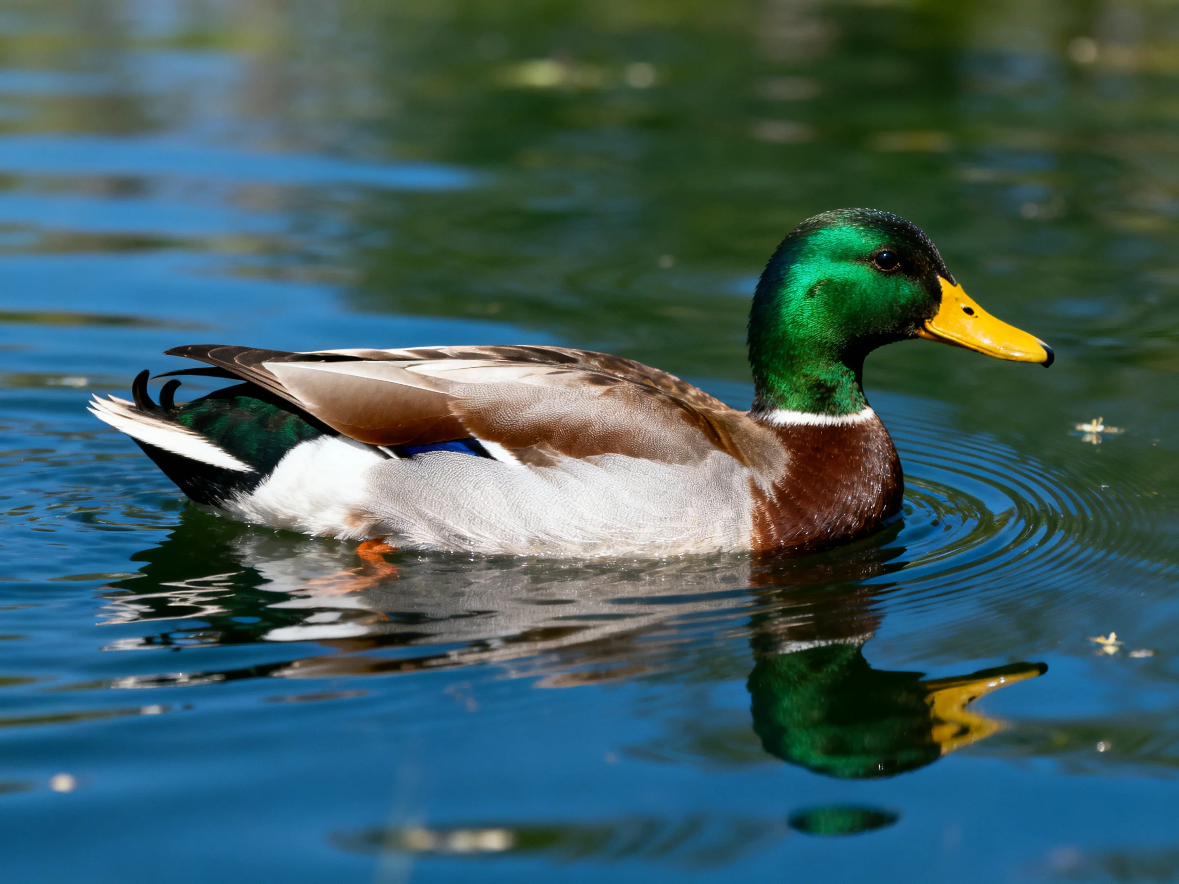 A vibrant mallard duck swims in clear blue water
