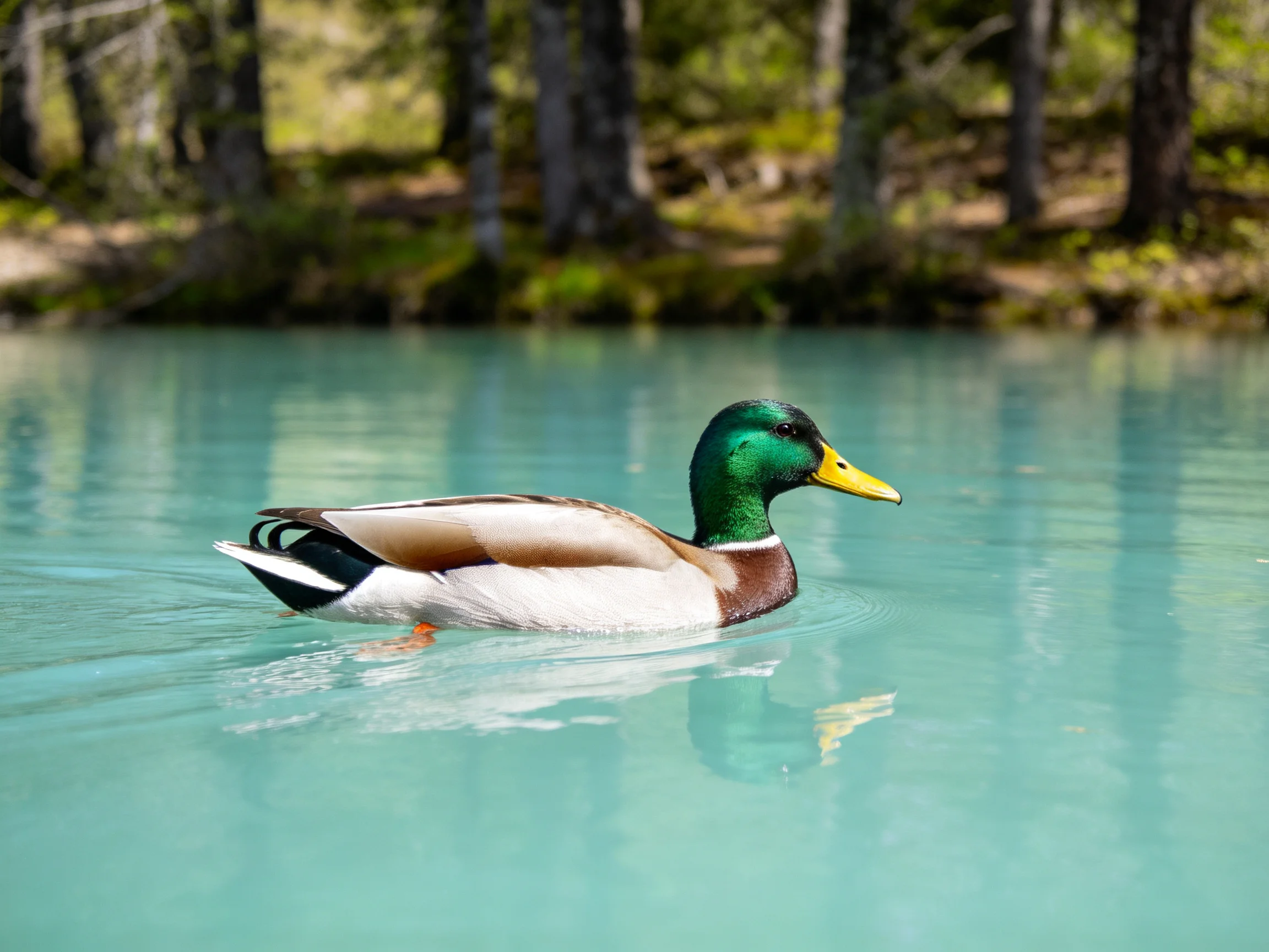 A vibrant mallard duck swims in clear turquoise water near a forested shore